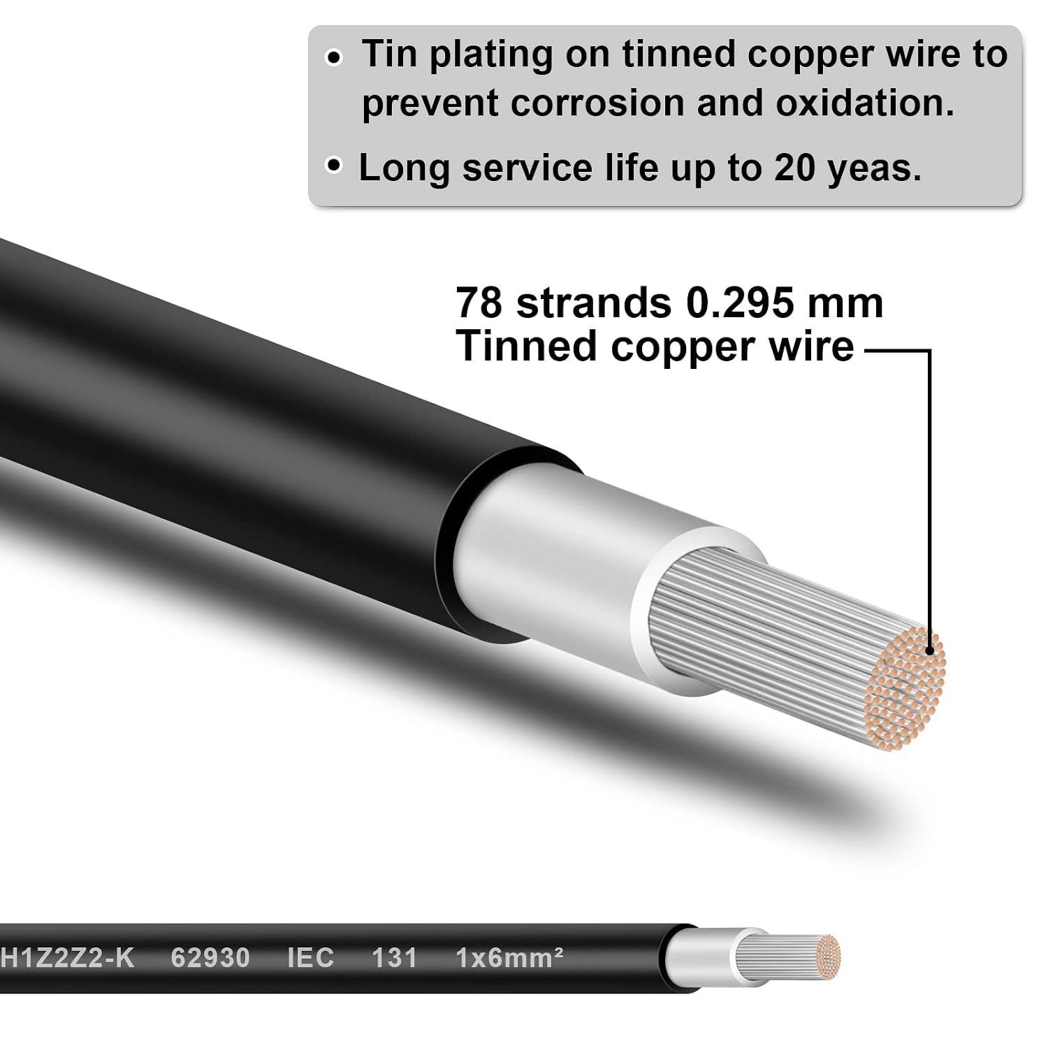Solar Panel Wire – 200FT Black Tinned Copper Wire, 10AWG (6Mm²) PV Wire Solar Ex