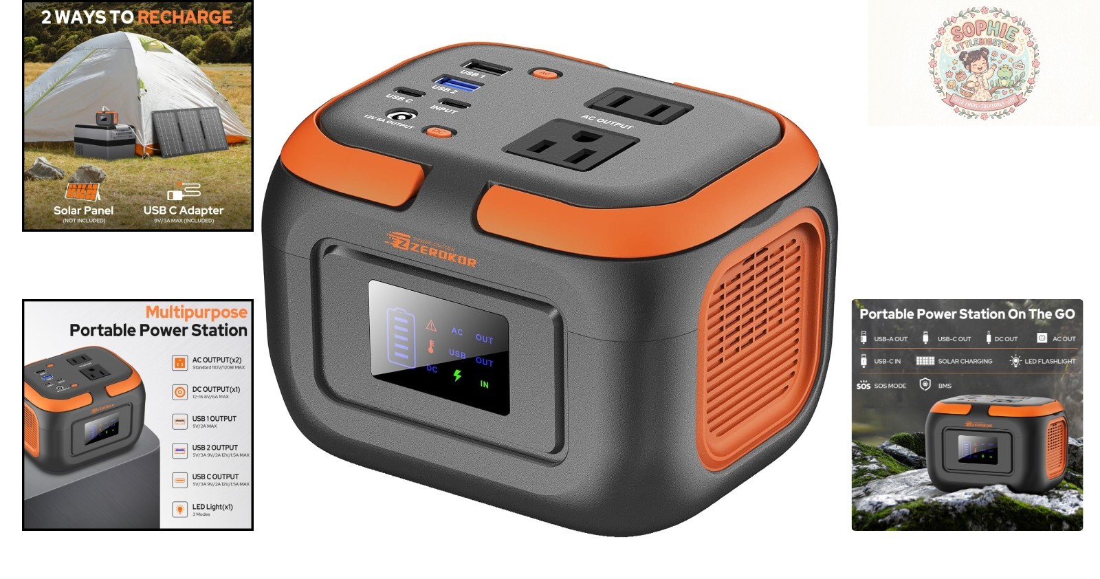 Compact Solar Rechargeable Power Station 120W – LED Flashlight & Multiple Ports