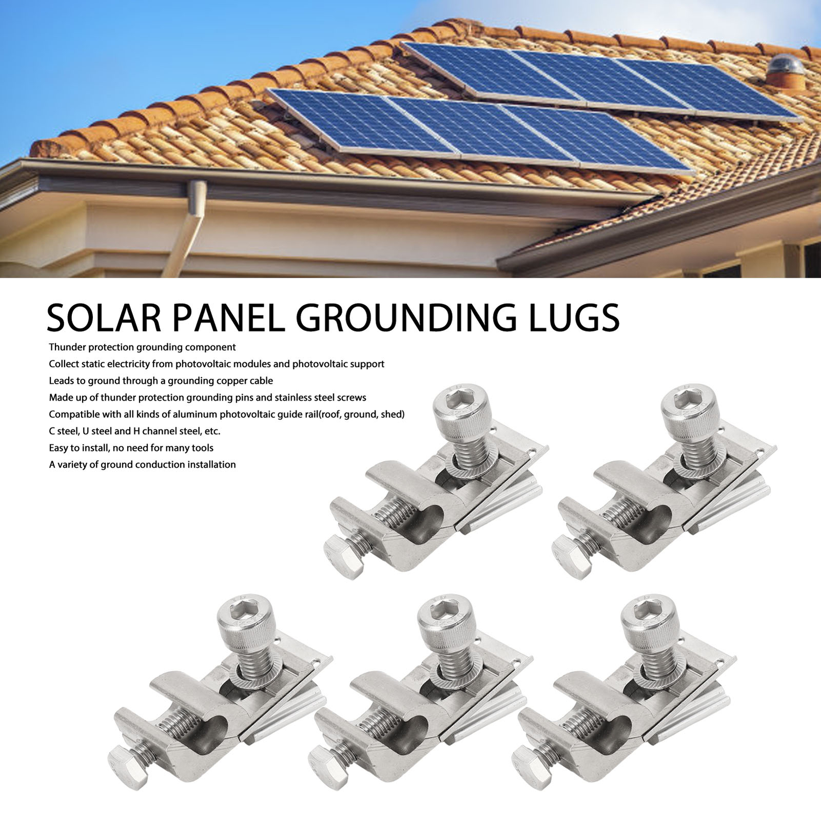 5Pcs Solar Panel Grounding Lugs Metal Clips Cable Clamps Bracket Earth Clip♡