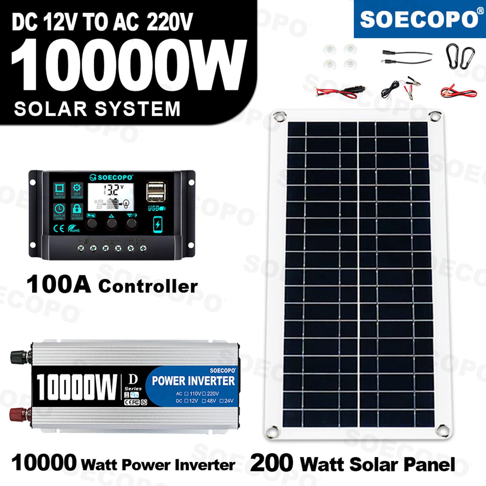 10000W Power Inverter Solar Generator W/200W Solar Panel Home Complete 110V/220V