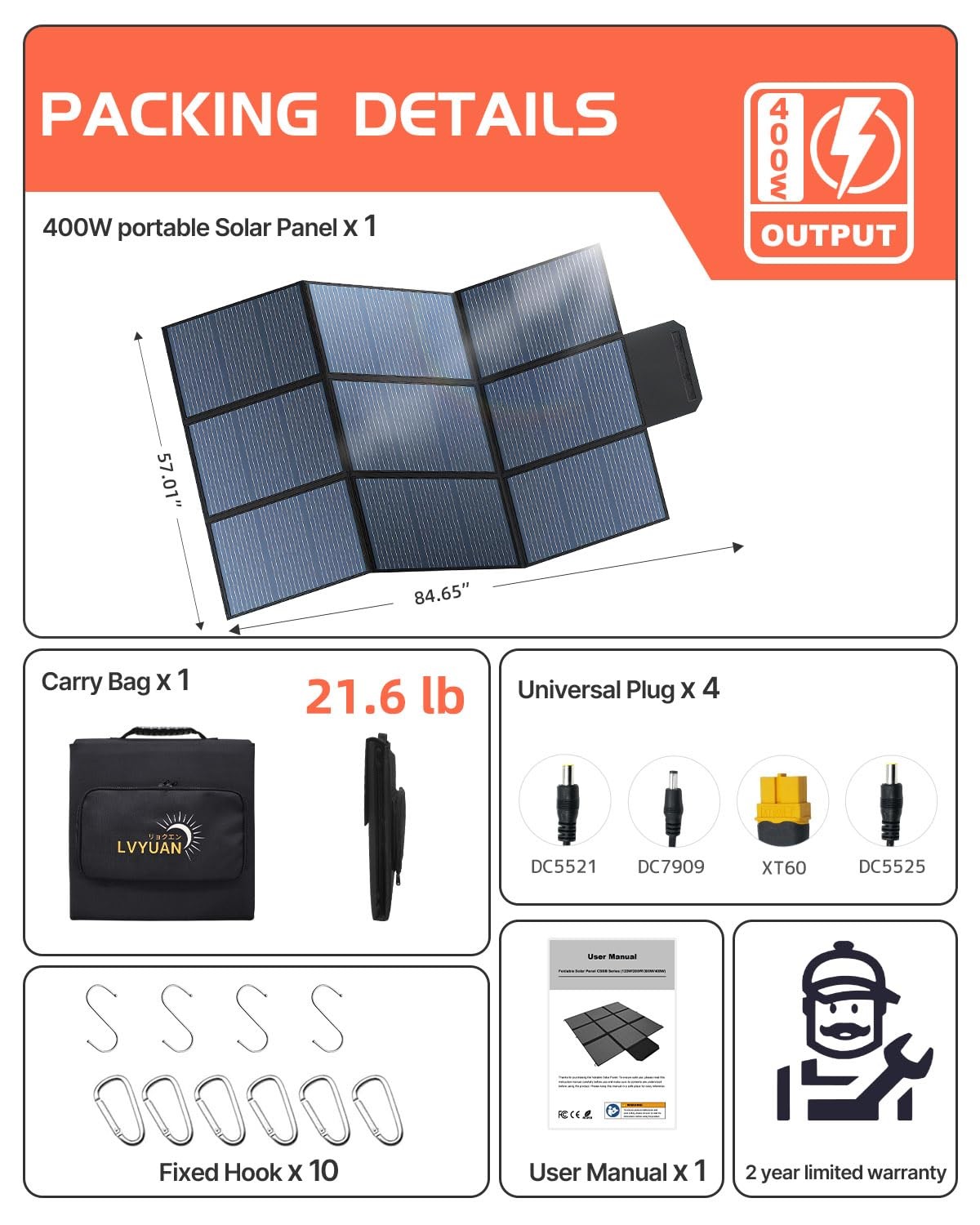 LVYUAN 400W Portable Solar Panel, 36V Foldable Blanket Solar Panel IP64 PPERC…