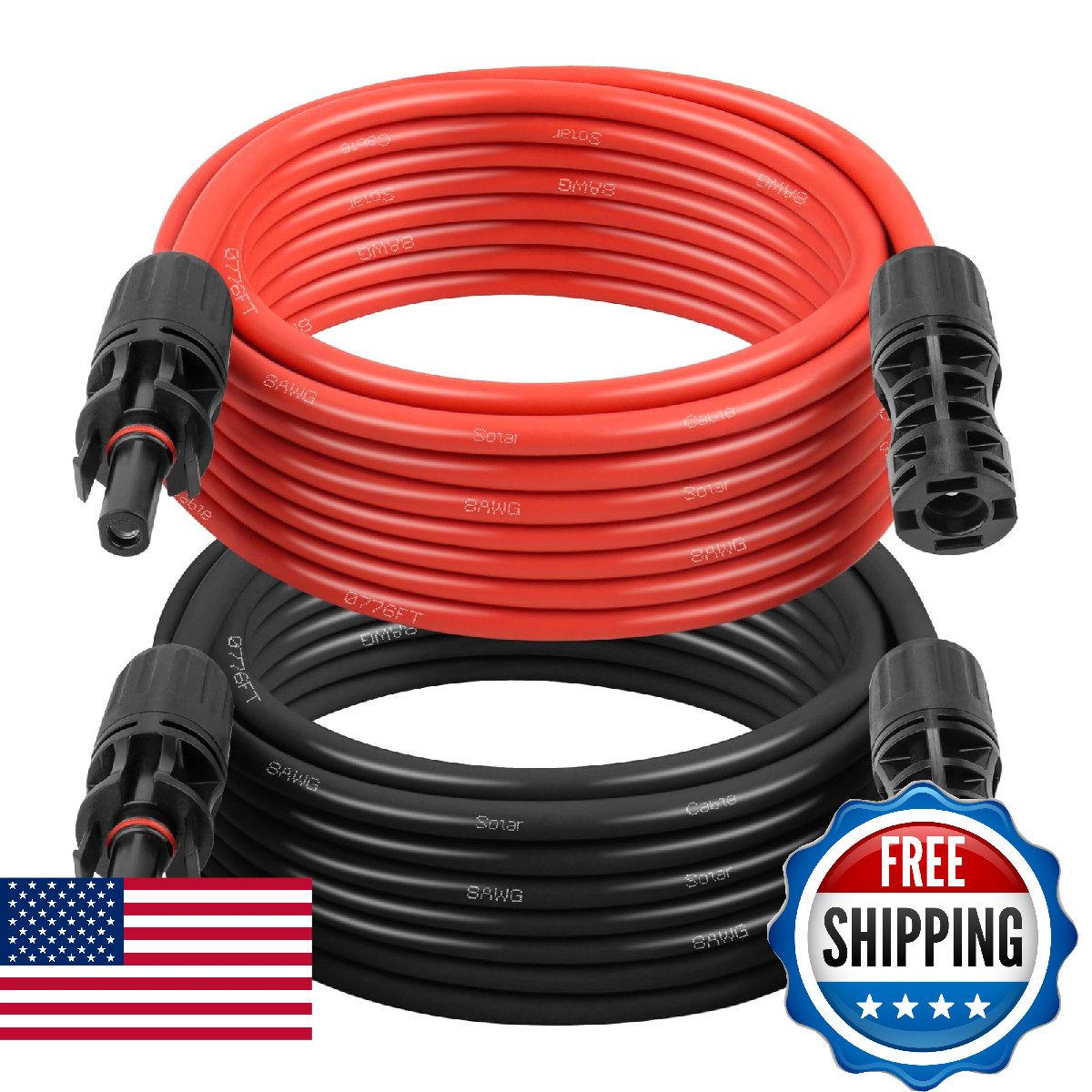 Solar Extension Cable 8AWG 20FT 2-Pack (Red + Black), PV Wire with Male/Female S