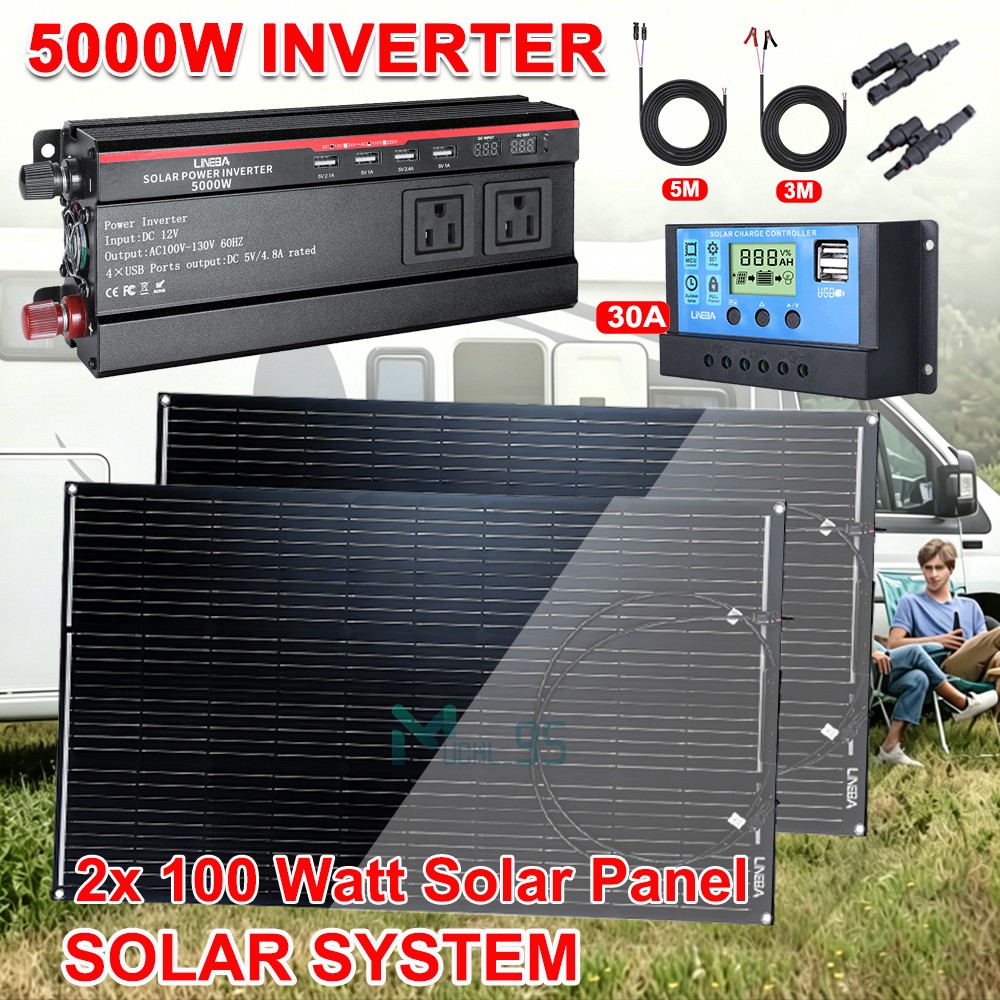 Full 200W Eco Solar Panel+5000W Power Generator Set 110V Home RV Off-Grid Set