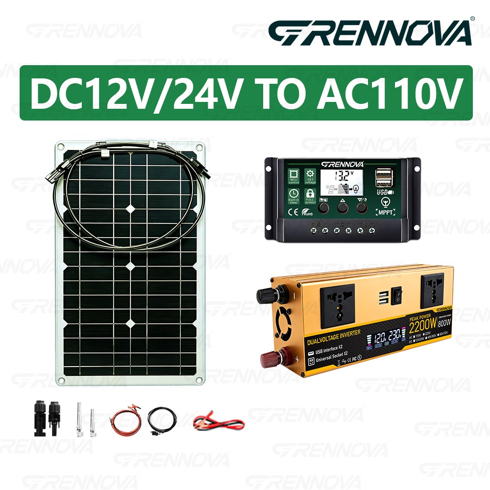 Grennova 2200W All-in-One Solar Starter Kit Mono 80W Panel 12V/24V To 110V/220V