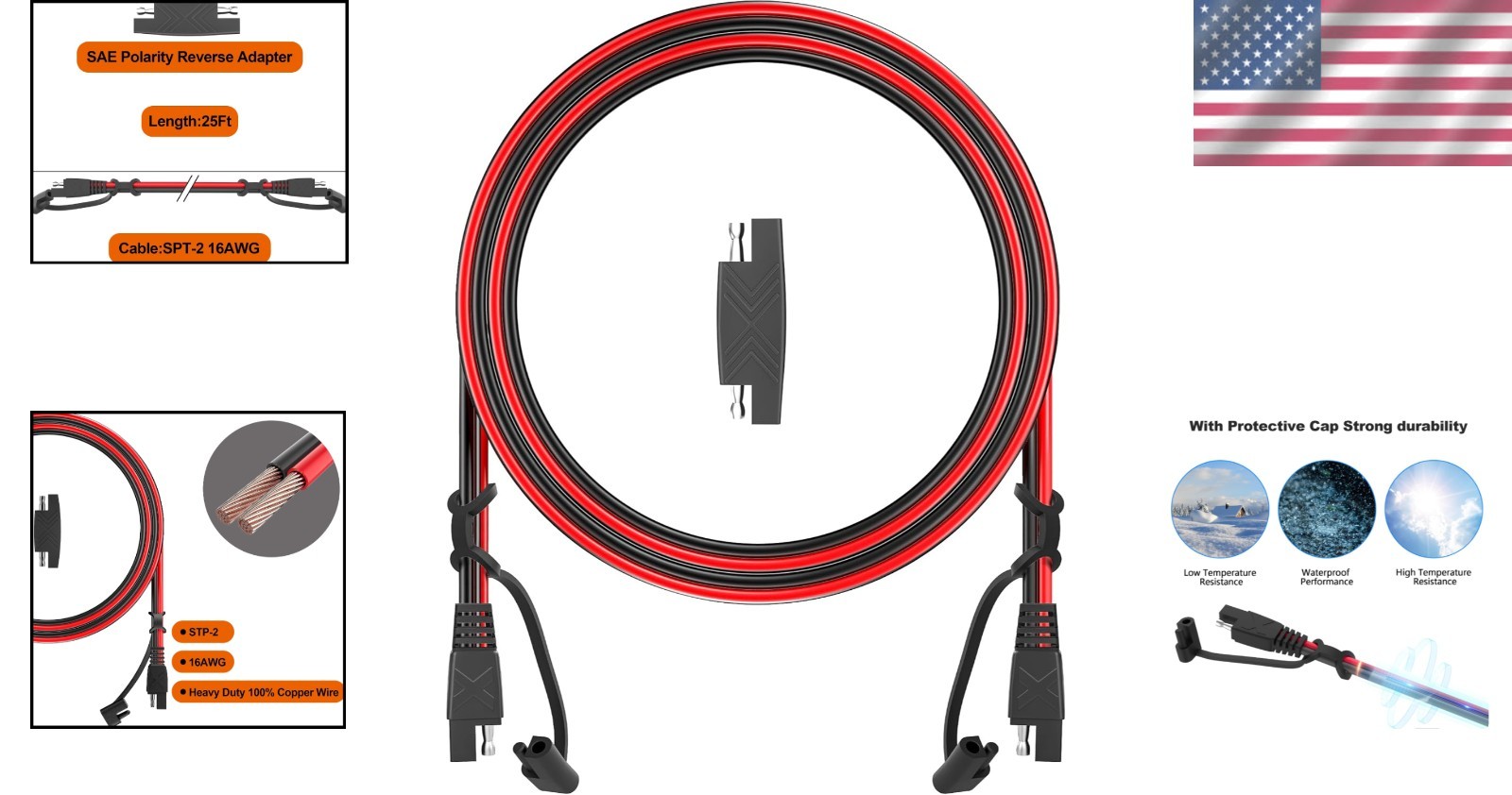 Heavy Duty 3FT SAE Male-to-Male Cable for Safe Solar & Automotive Connections