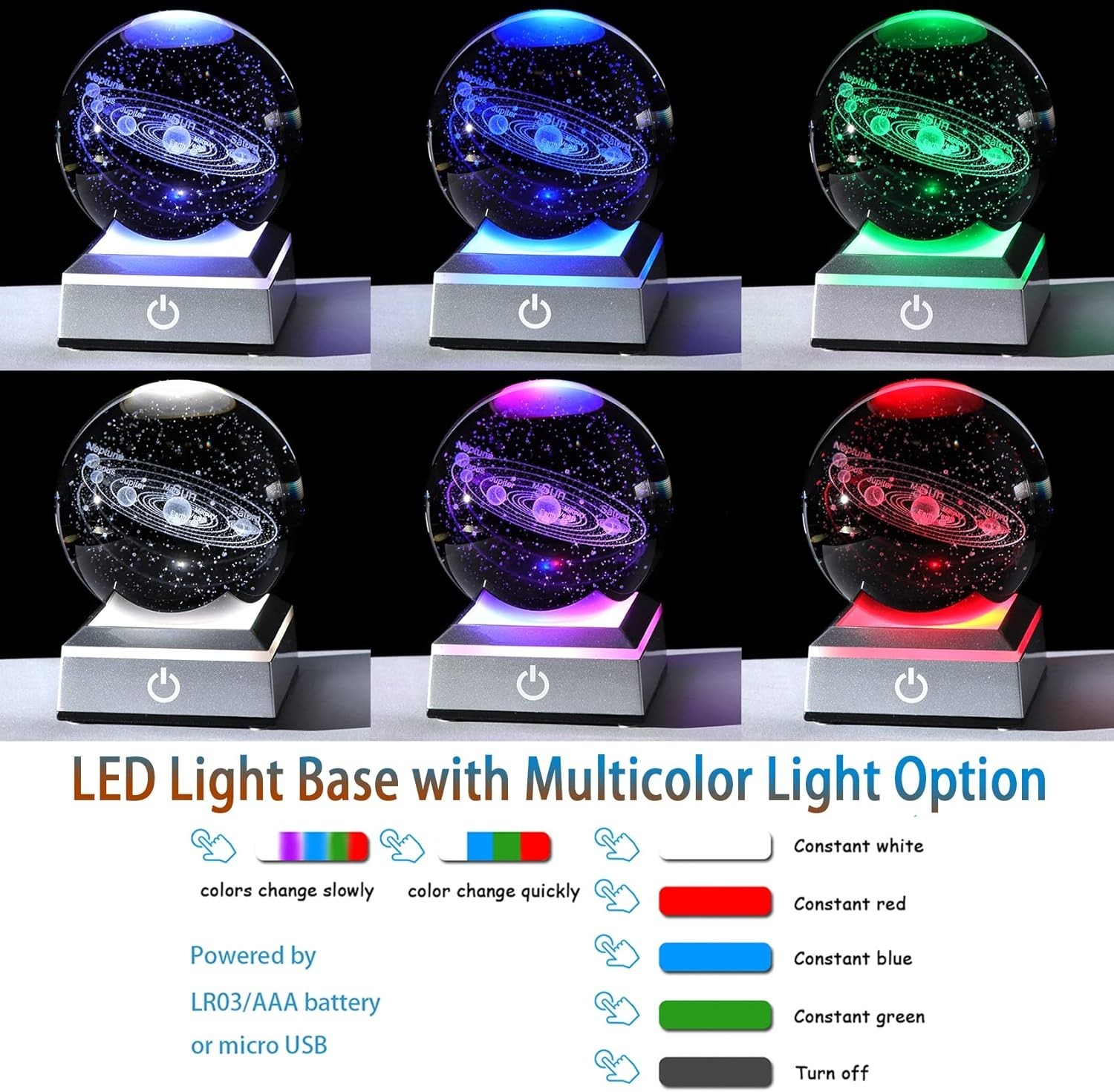 Exquisite K9 Crystal Solar System Model with Colorful LED Touch Lighting