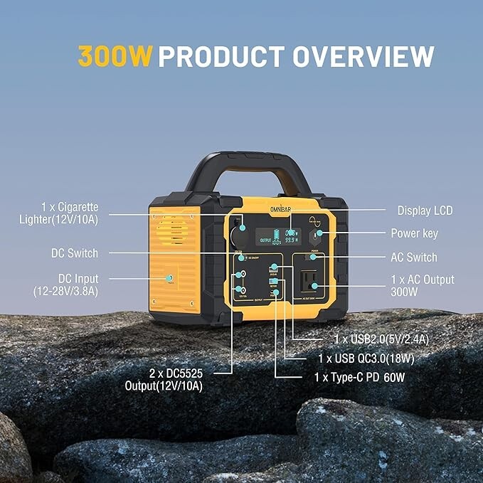 Omnibar 300W Portable Power Station, 294Wh Backup Lithium Battery, 120V/300W AC