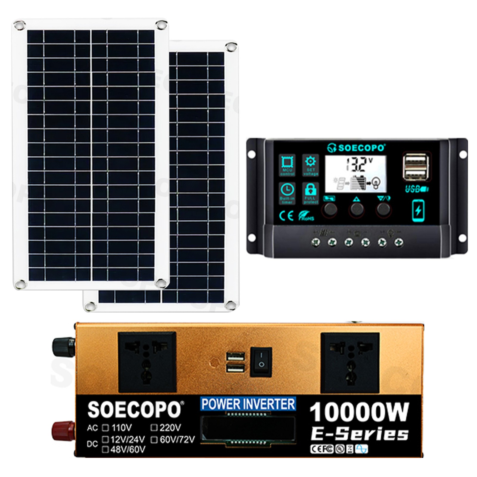 US 10000W Solar Kit | Includes Inverter, 2pcs 200W Solar Panels 100A Controller