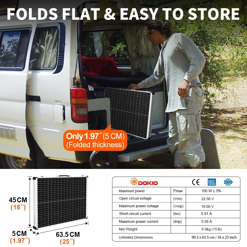 Dokio 100W Portable Foldable Glass Solar Panel Kit for Camping/Car Battery/Home