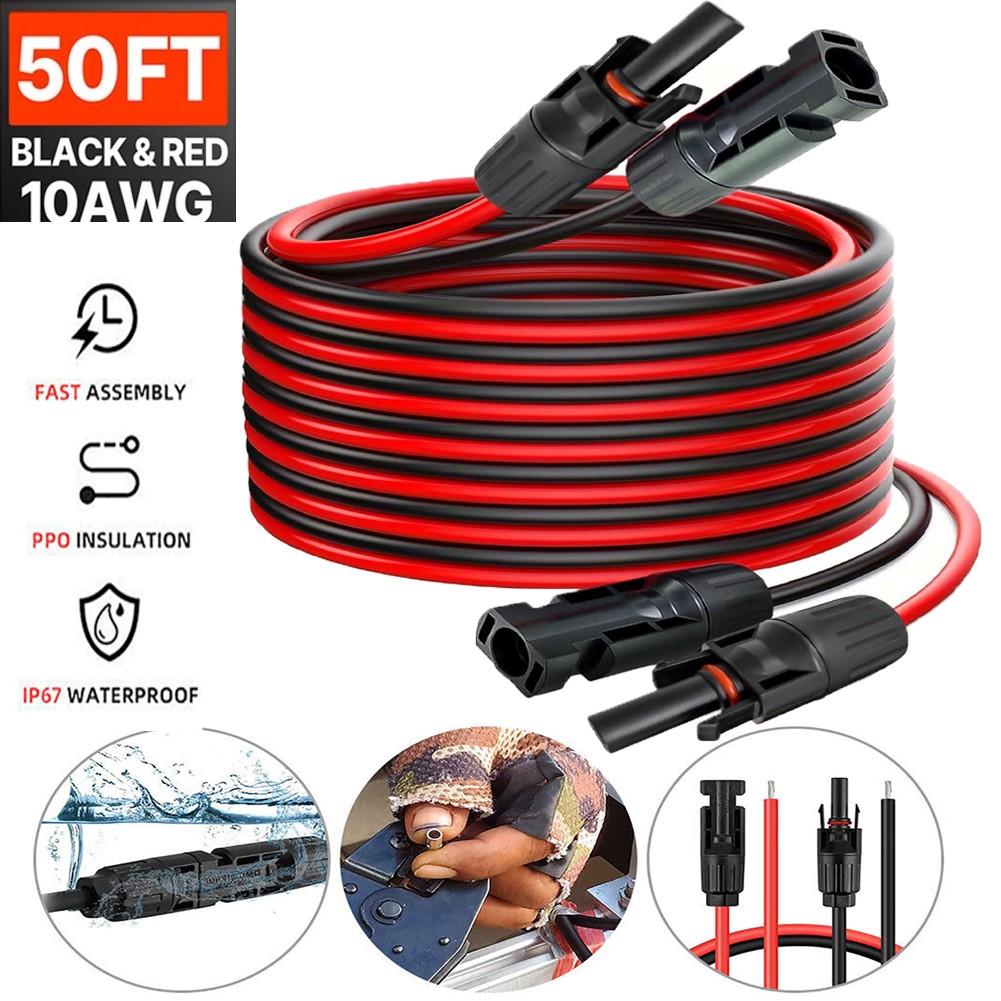 100FT 10 AWG Solar Panel Extension Cable PV Wire Solar Connectors Pair 6mm²