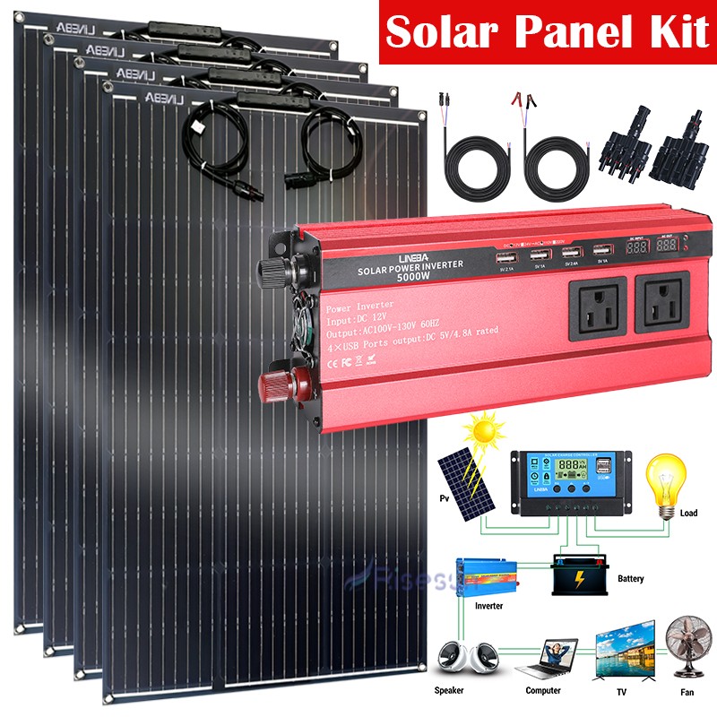 2025 NEW Complete Solar Panel Kit 5000W Power Inverter 12V to 110V Home Off Grid