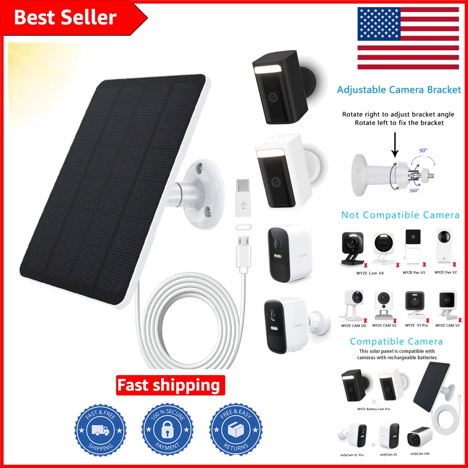 360° Adjustable Solar Panel for WYZE & Eufy Cameras – 10ft Micro USB Included