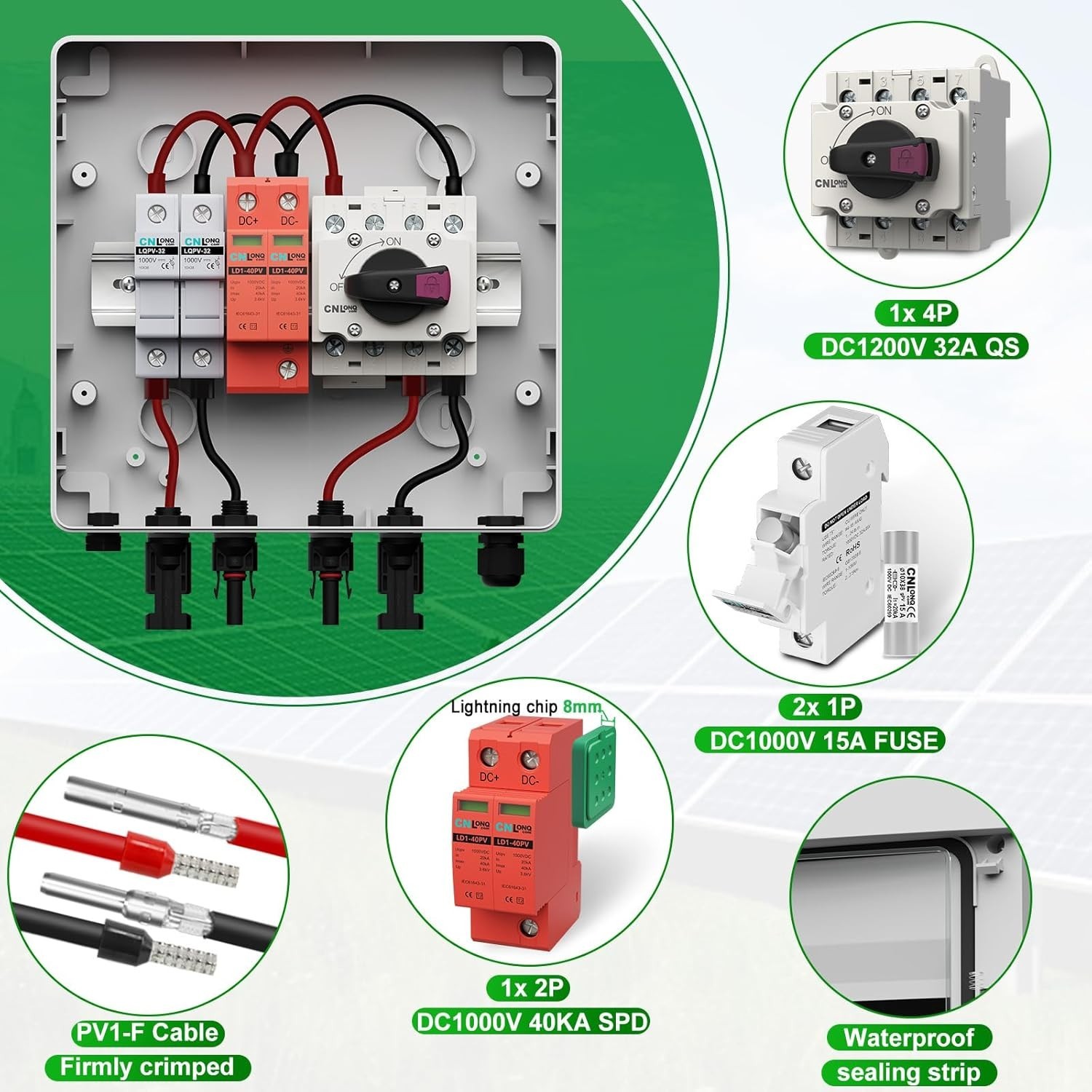 Waterproof Solar PV Combiner Box with 32A Circuit Breaker & Surge Protector