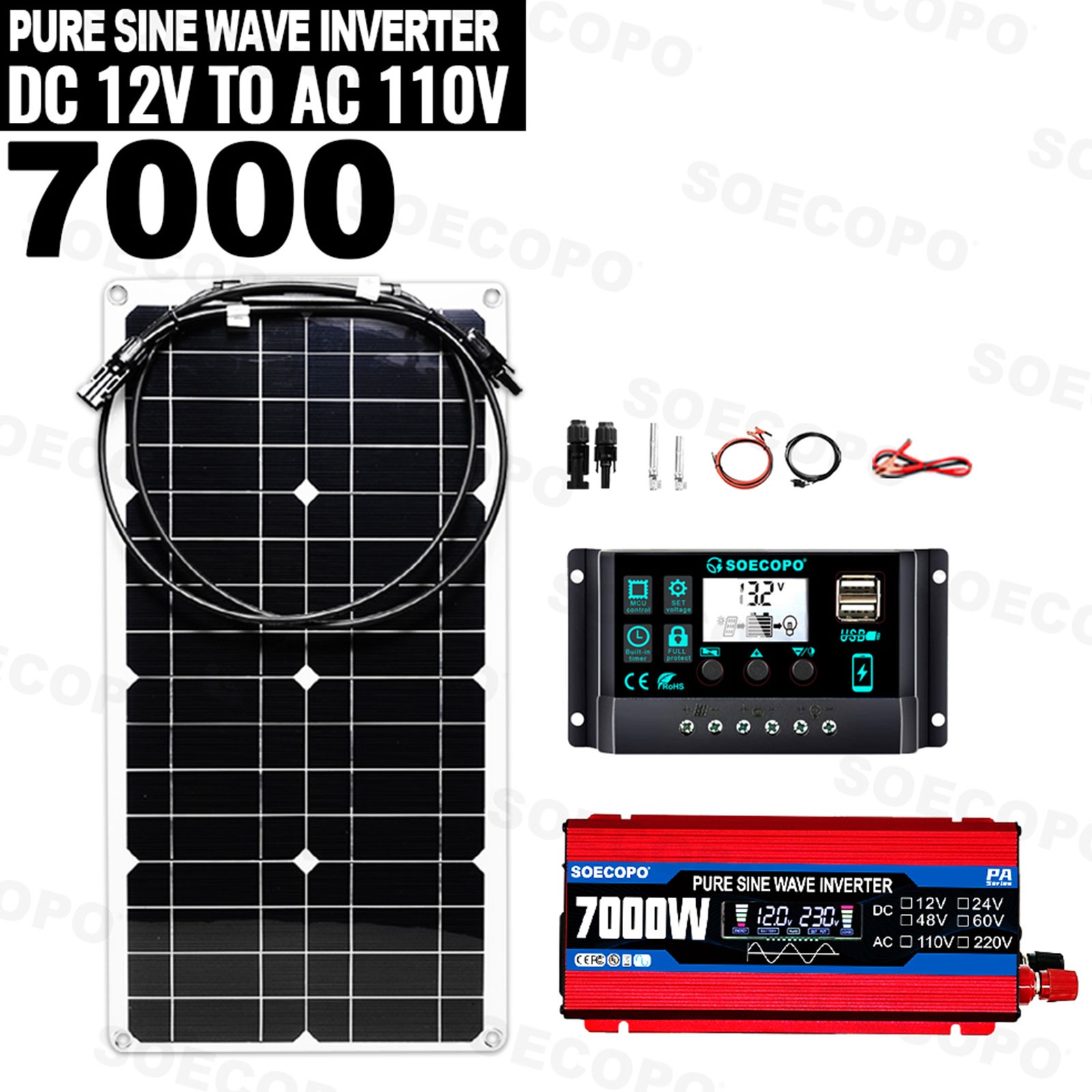 7000W Solar System Kit 100A Controller DC12V AC110 220V Panel for RV Boat Camp