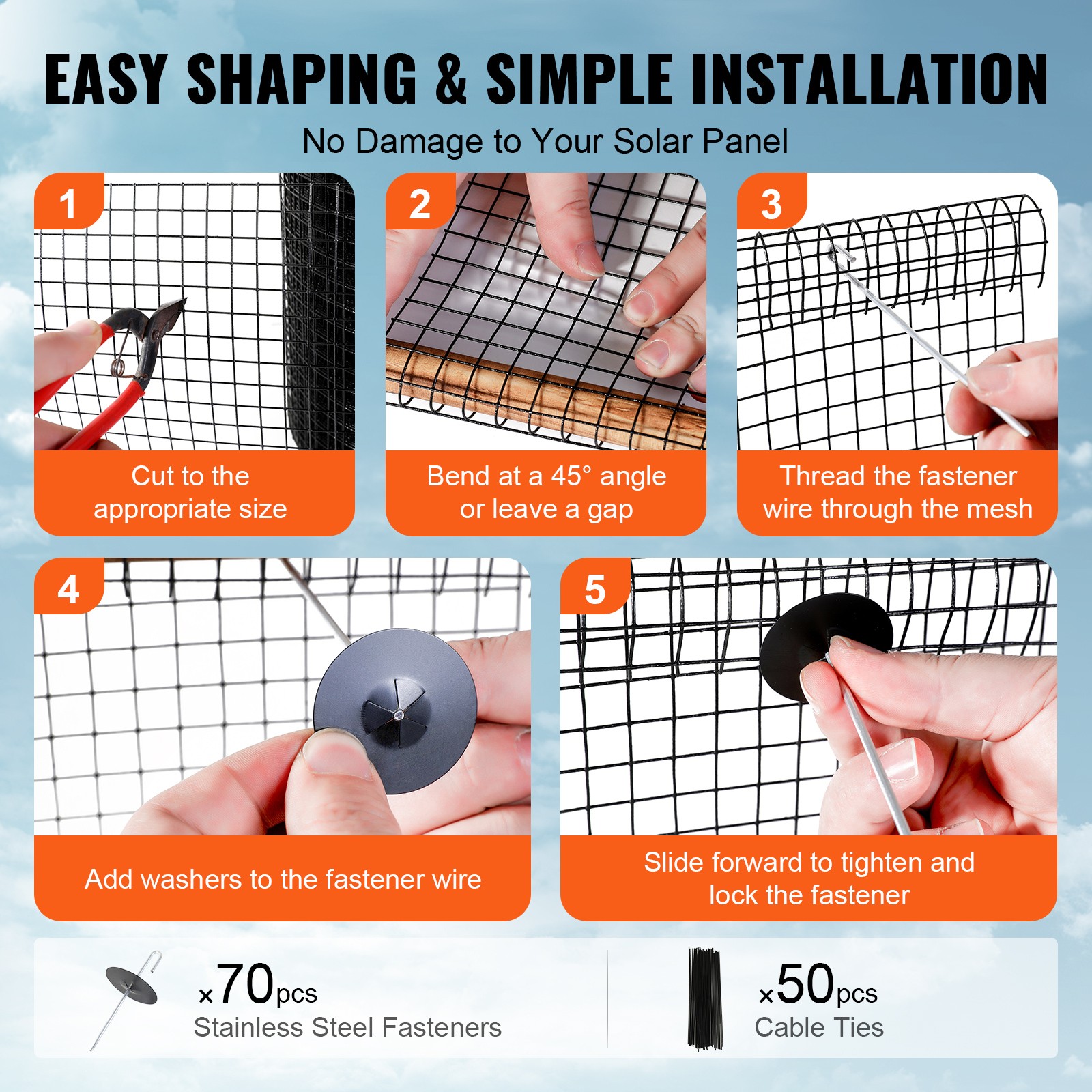 VEVOR 8in x 100ft Solar Panel Bird Guard Mesh Critter Roll Kit 70pcs Fasteners