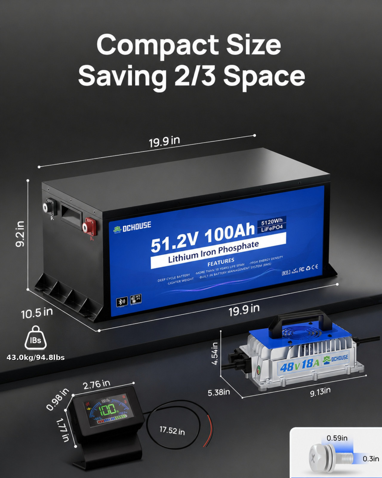 DC HOUSE 48V 100AH Golf Cart Lithium LiFePO4 Battery with 18A Charger Club Car