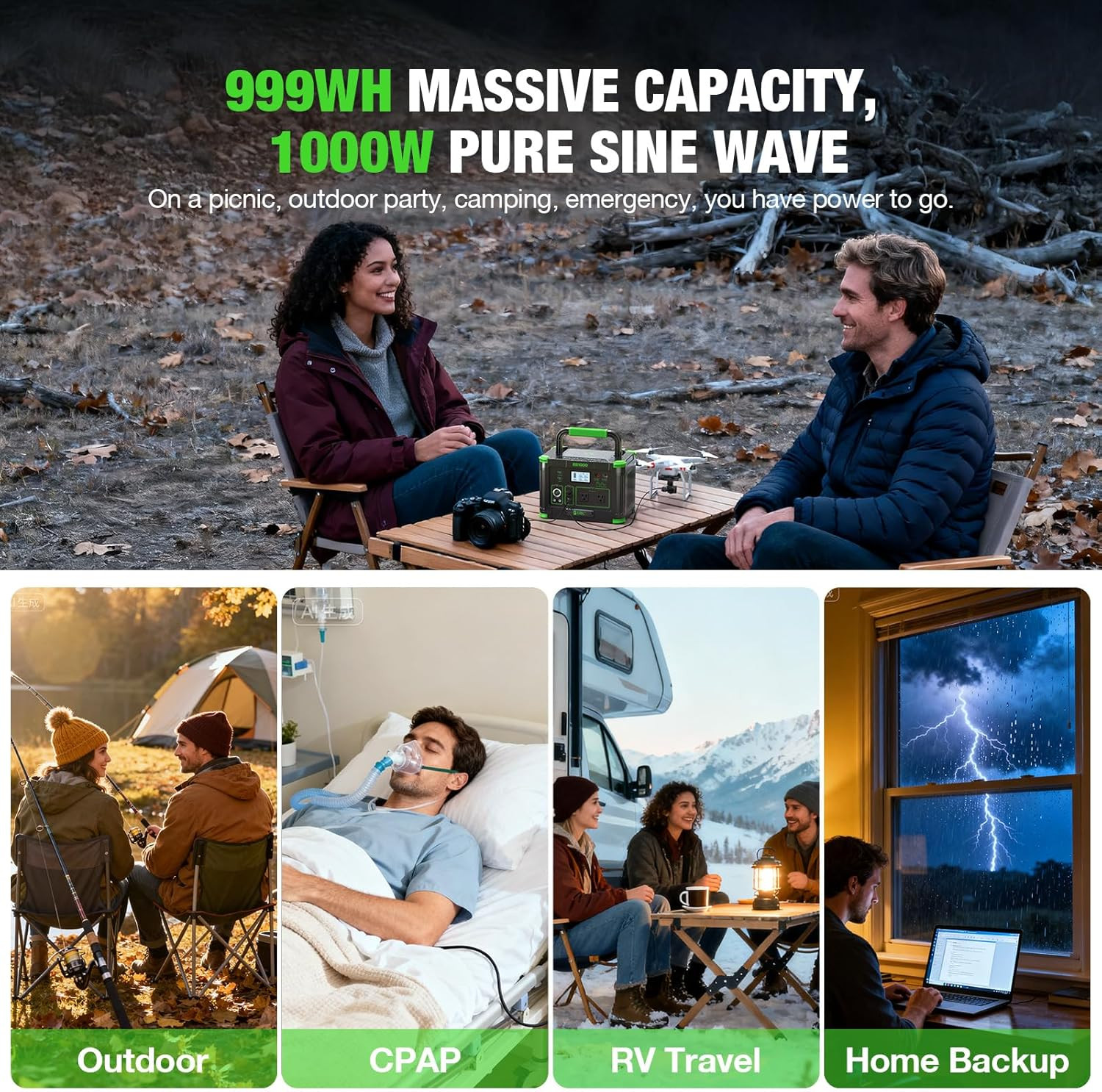 Portable Power Station 1000W Solar Generator 999Wh Fast Charging Backup Battery