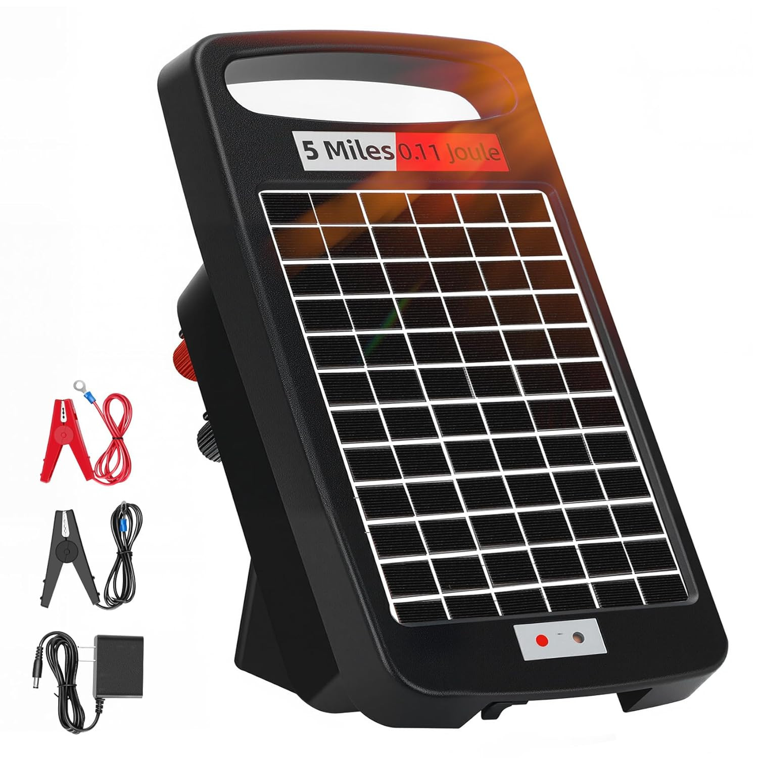 5 Miles Solar Powered Electric Fence Charger，0.11J Day/Night Protection | Solar/