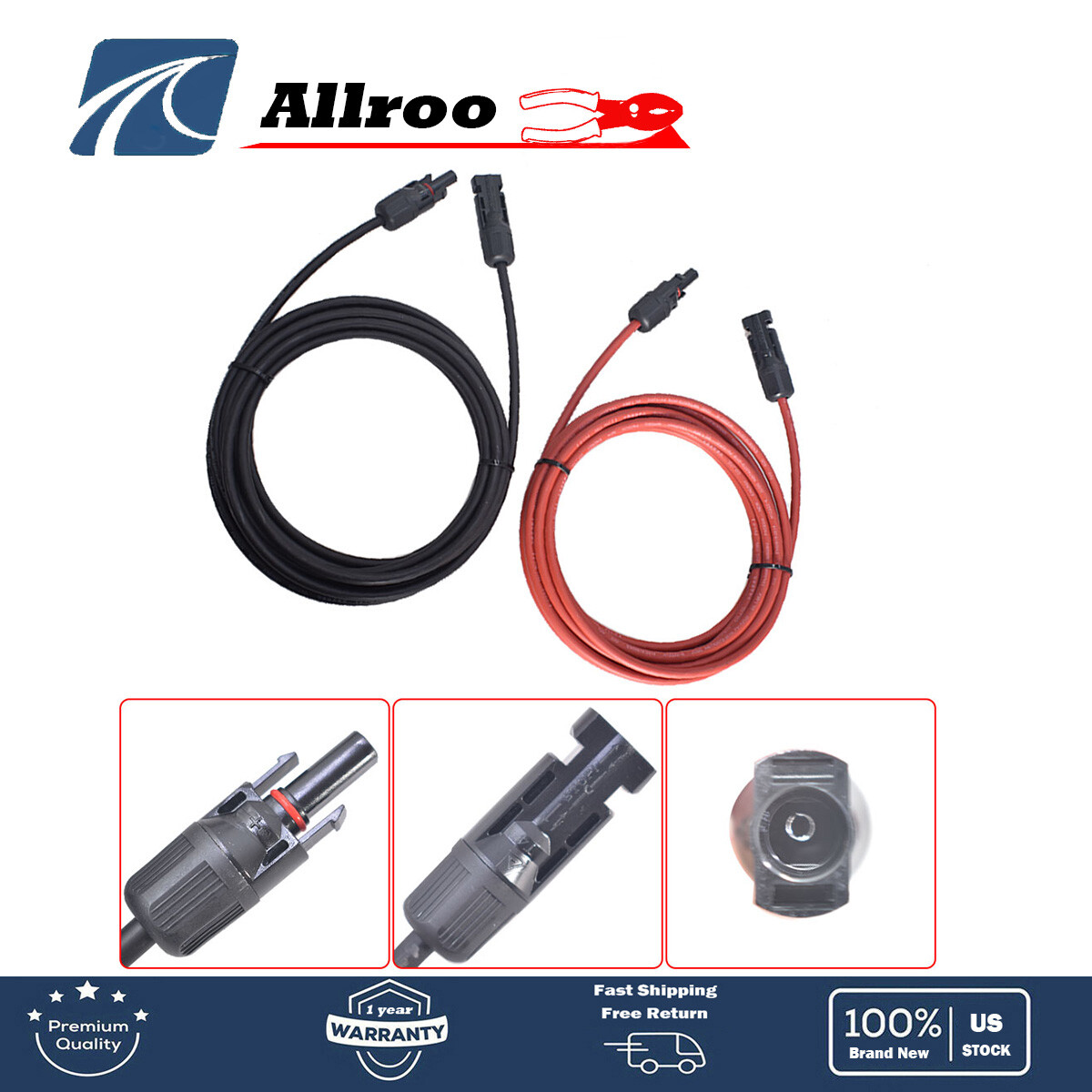1Pair 10ft Solar Panel Extension Cable Wire Connector 12AWG Black + Red New