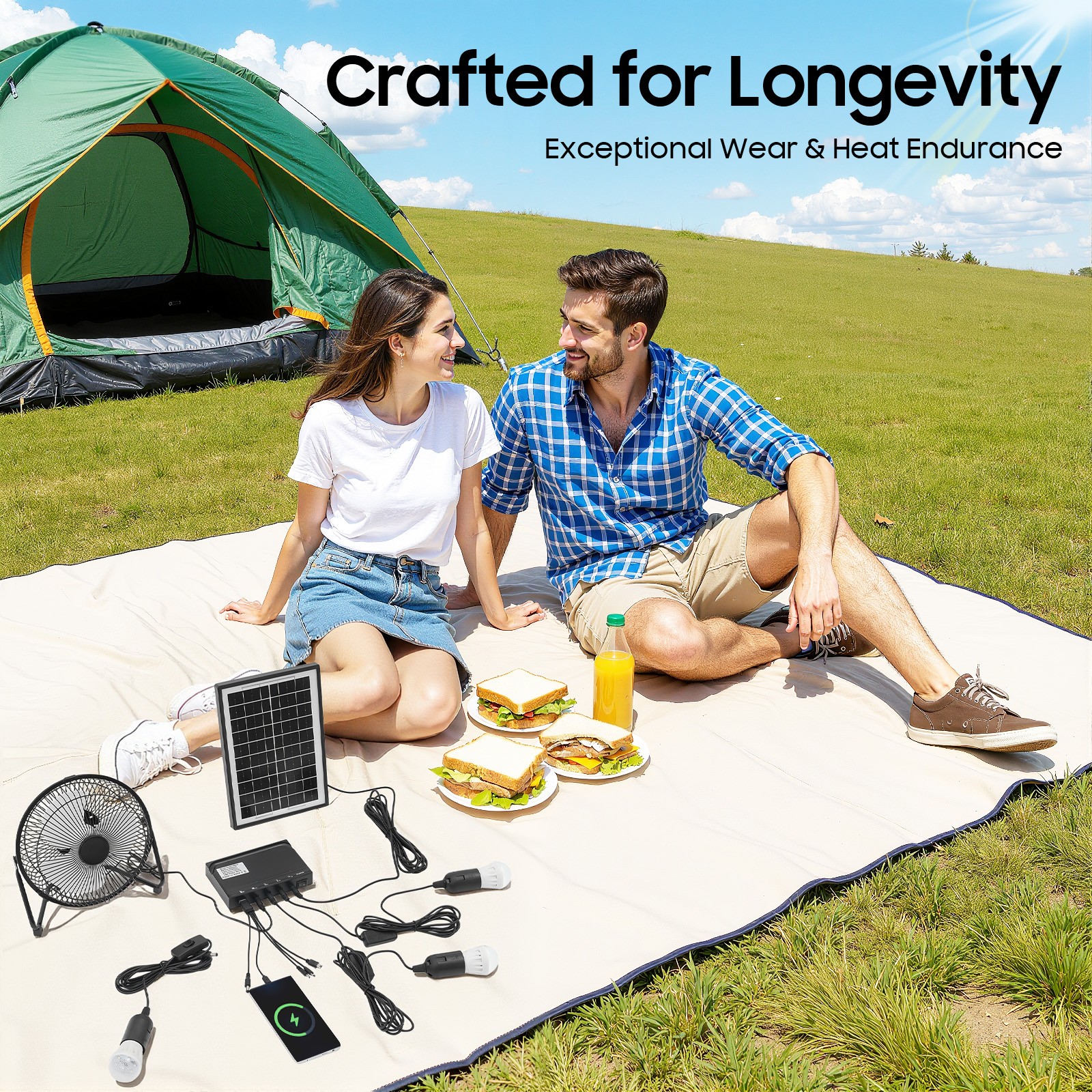 Solar Power Panel Kit Outdoor Camping USB Charging System W/ LED Light & 8″ Fan