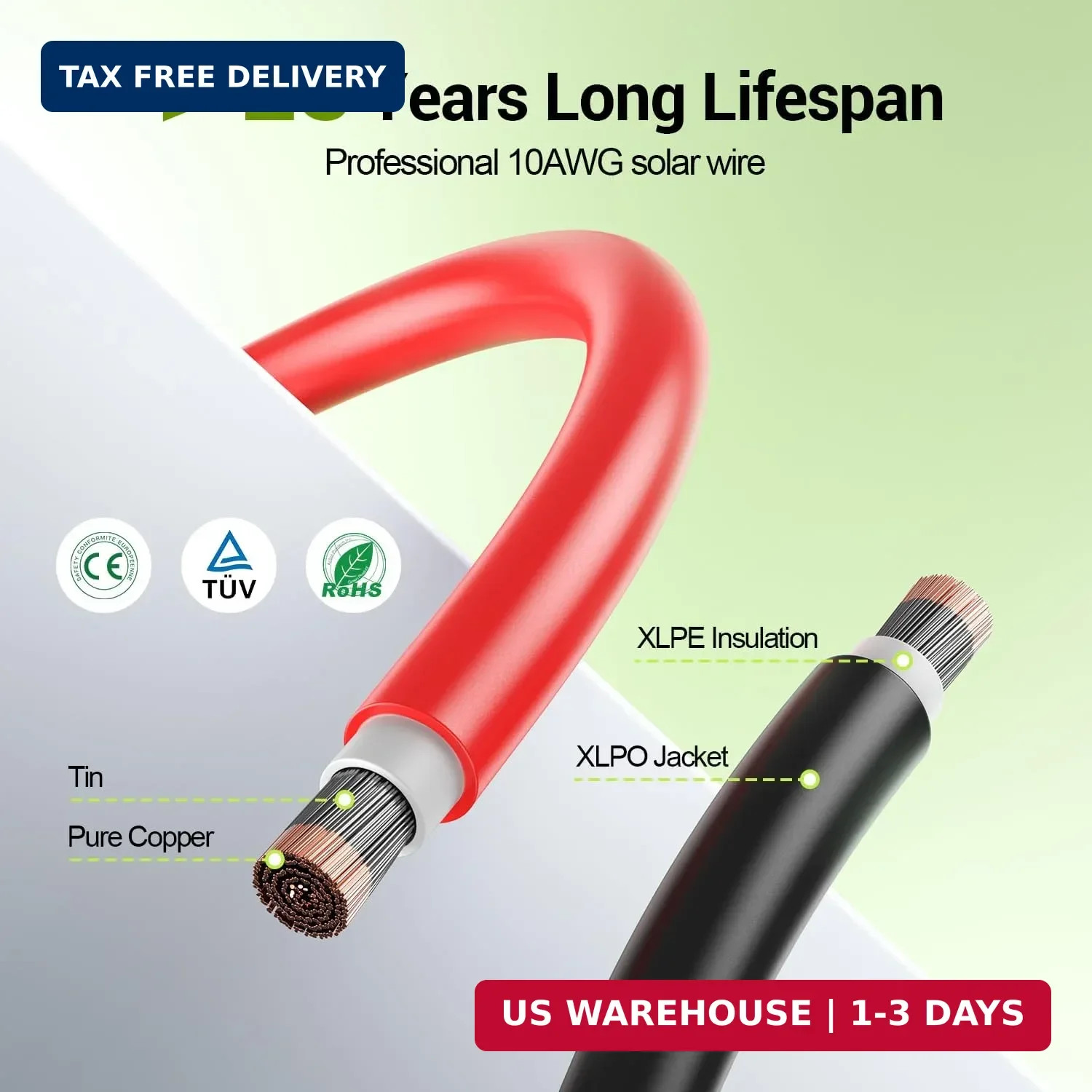 30FT 10AWG Solar Extension Cable, 10 Gauge Solar Panel Wire with Female and Male