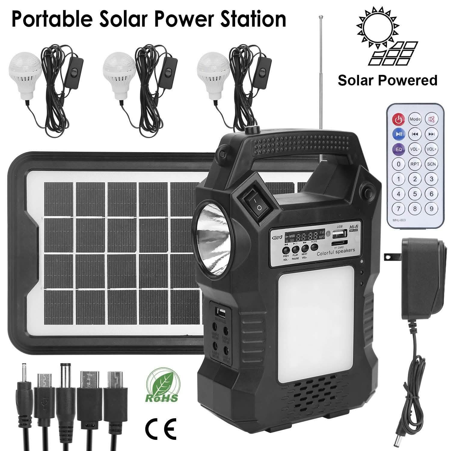 Portable Solar Power Station with Flashlight and 3 Lighting Bulbs