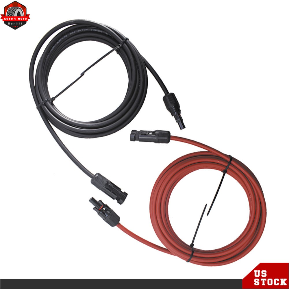10 AWG 15 FT 1 Pair Black + Red Solar Panel Extension Cable Wire Connector