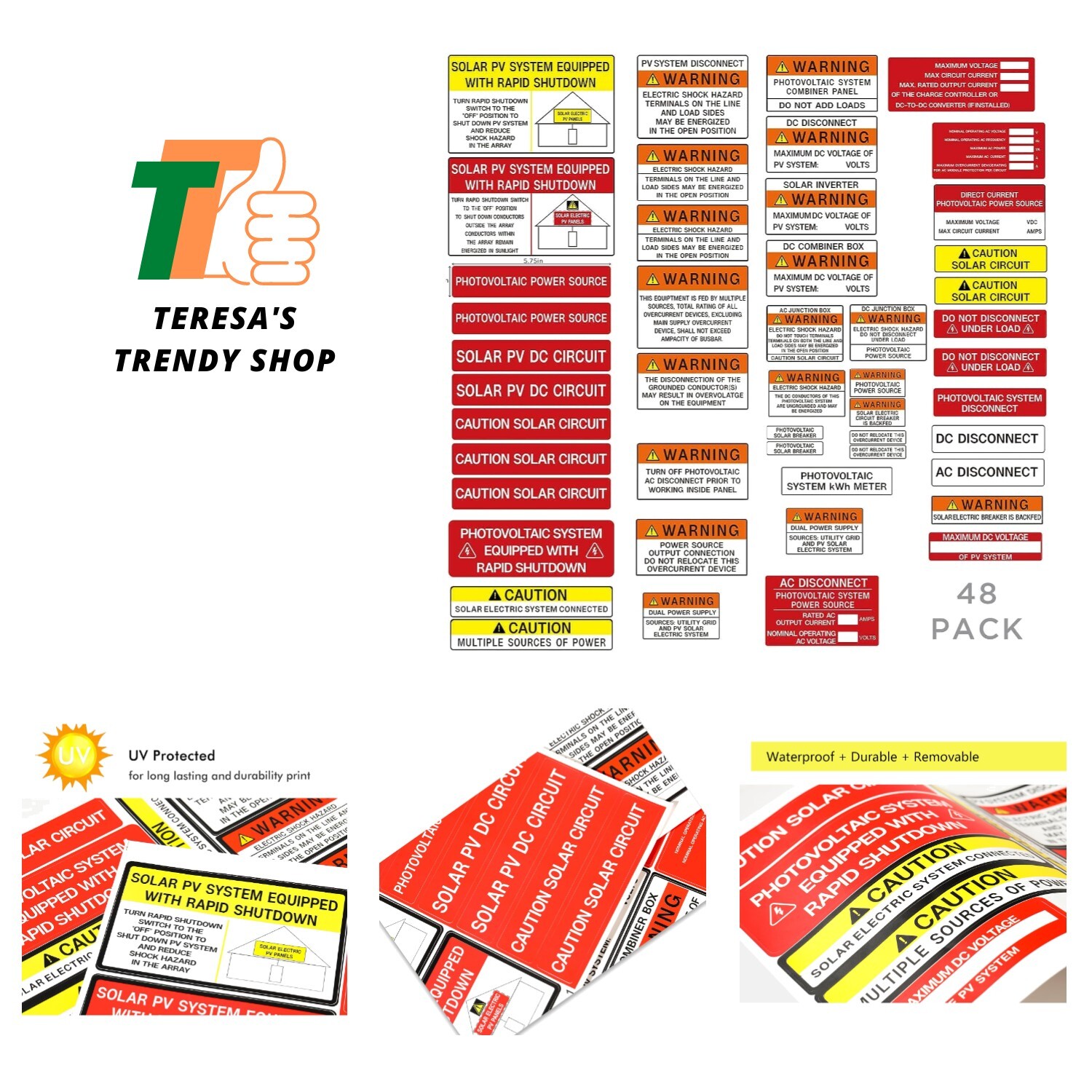 Photovoltaic Installer Label Kit – 48 Vinyl Safety Stickers for Solar Systems