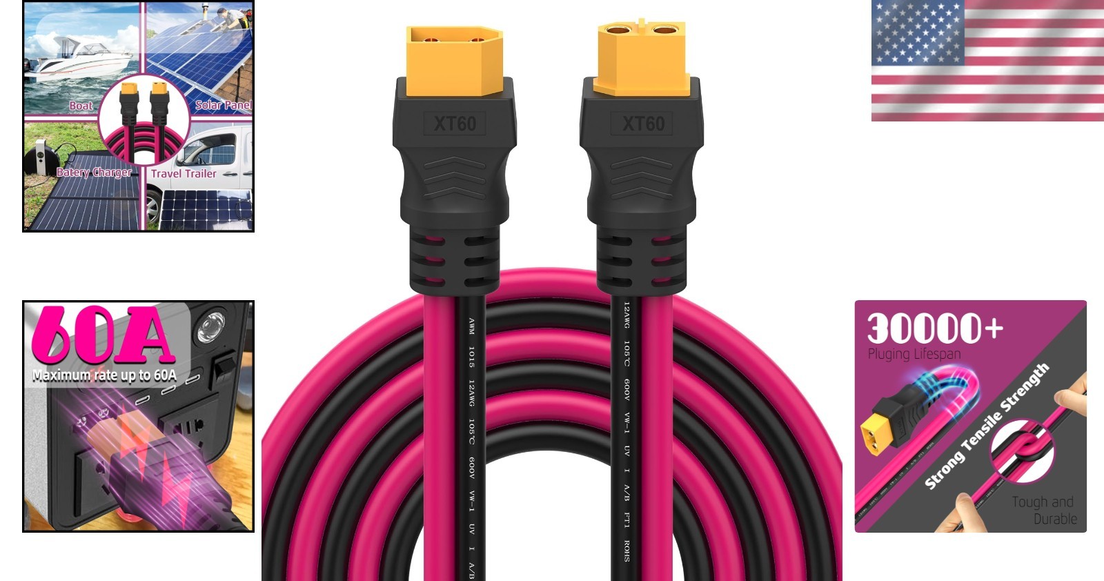 12AWG XT60 Extension Cable – 1.6FT Durable Power Adapter for Solar & RC Devices