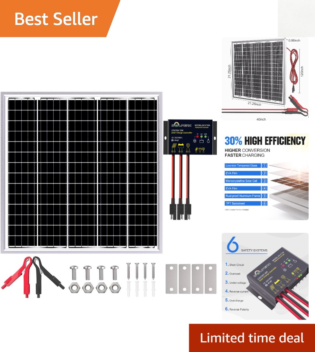 Solar Panel Kit 50W 24V, Intelligent Waterproof 10A PWM Controller, Home Outdoor