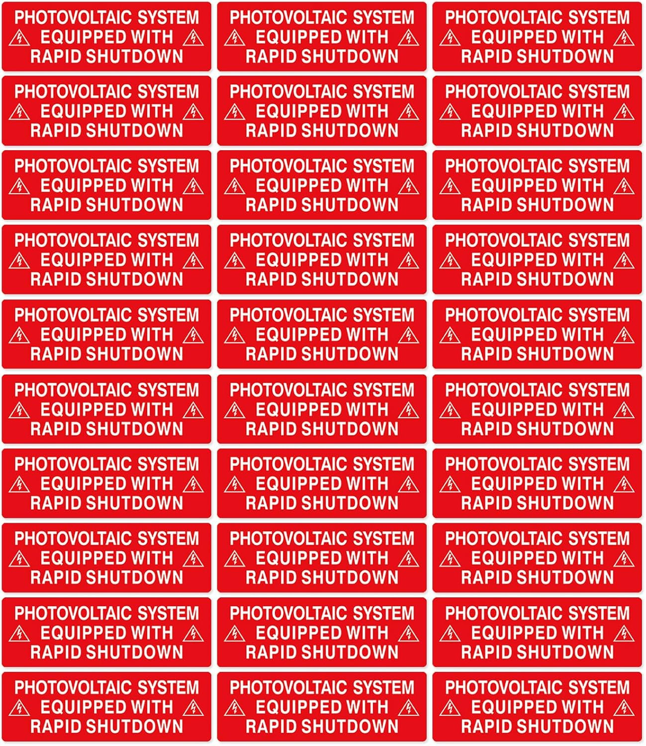 PV Solar System Rapid Shutdown Safety Labels, 30 Pack