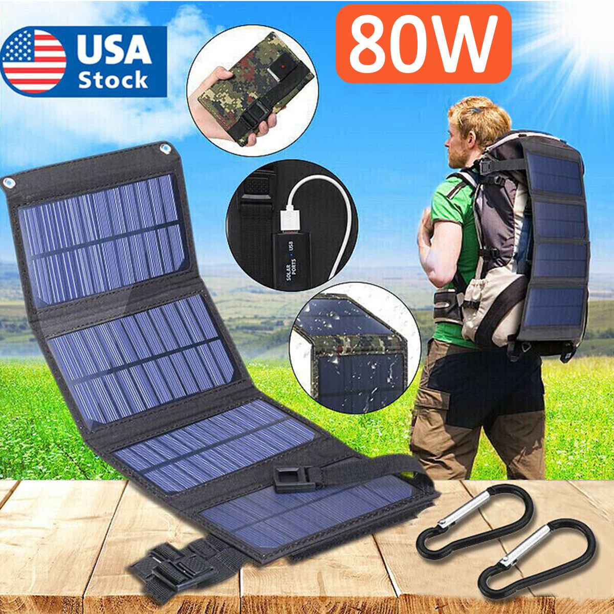 USB 80W Solar Panel Folding Power Bank Outdoor Camping Hiking Phone Charger