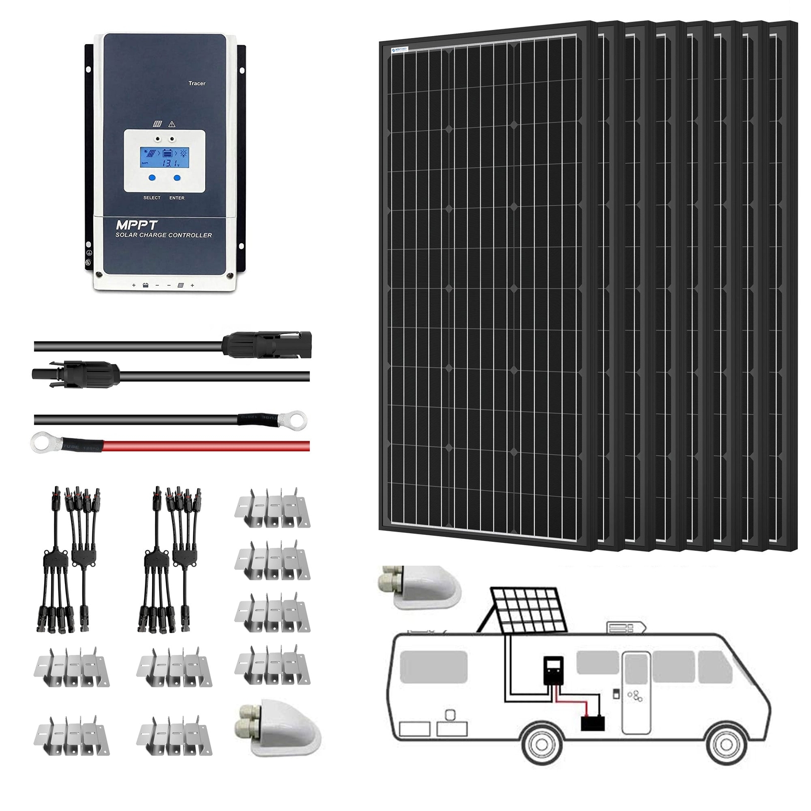 ACOPOWER 800W 60A All Black Mono Solar RV Kits with 60A MPPT Charge Controller