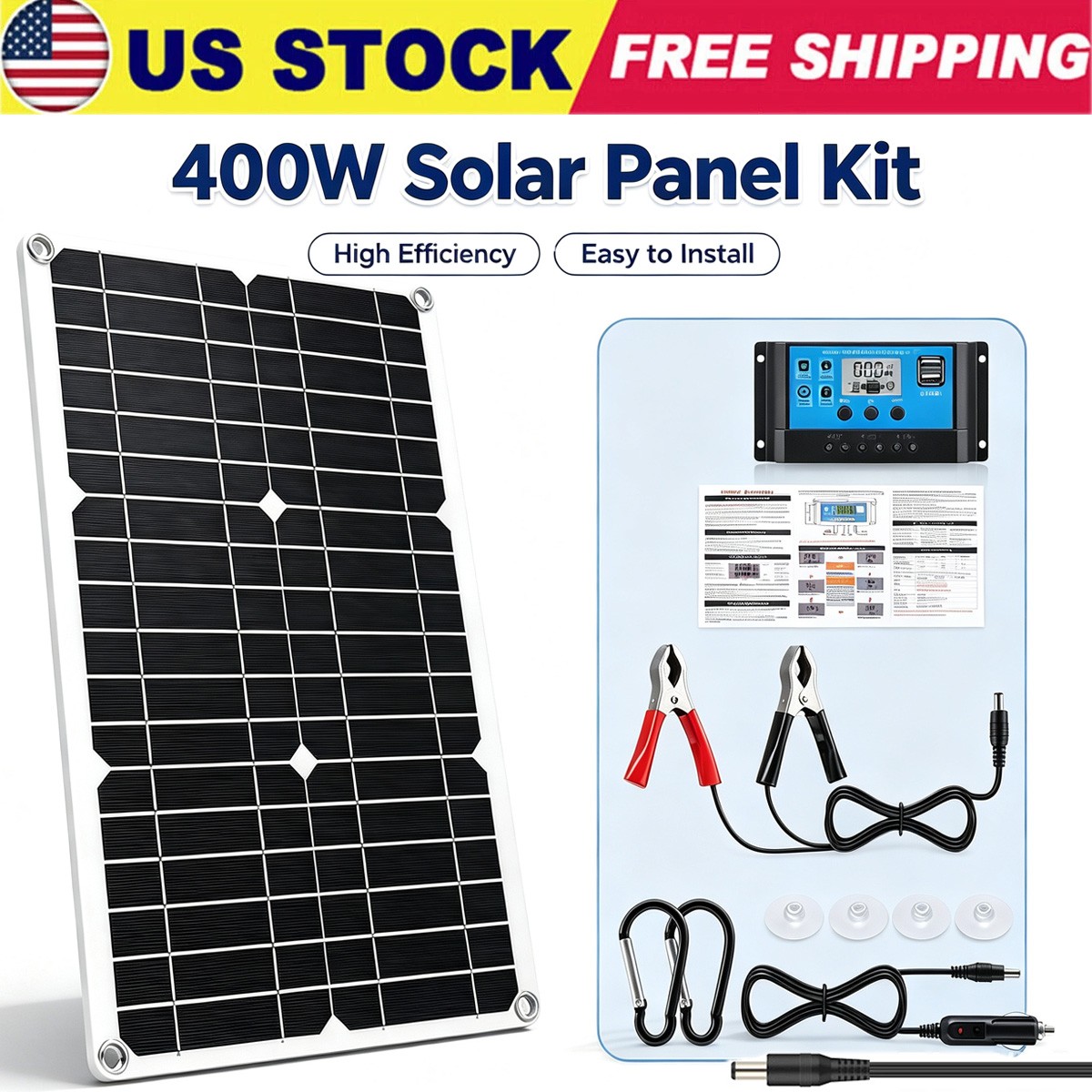 400W Mono Solar Panel Kit w/100A Controller 12V Waterproof RV Camping Power