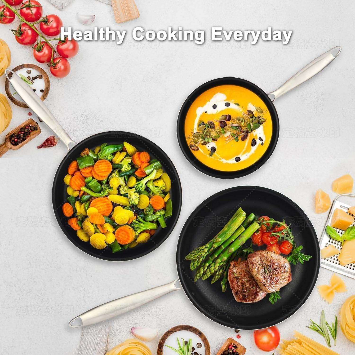 5PC Induction Cookware Set with Tempered Glass Lids, Ultra Nonstick Pots and Pan