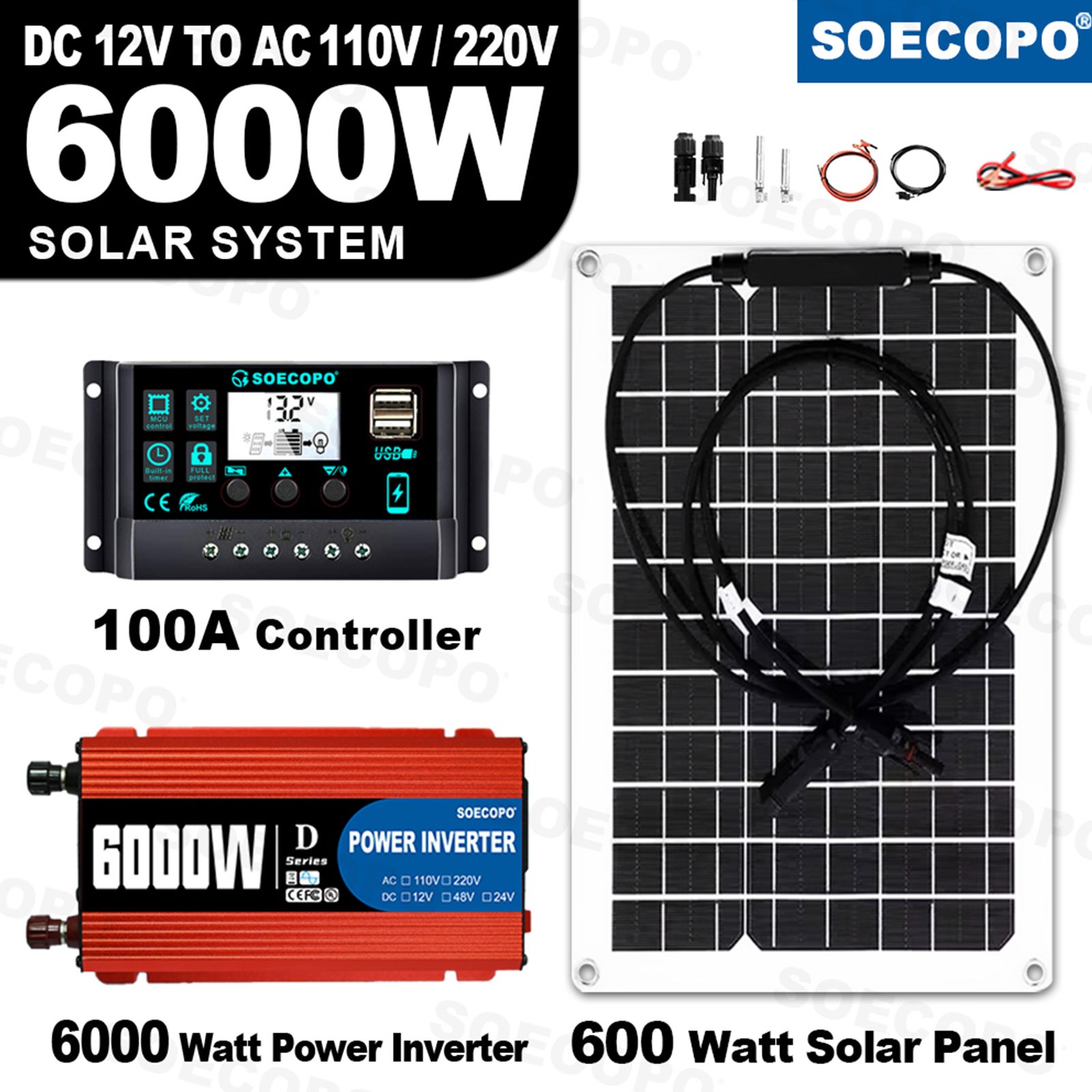 SOECOPO 6000W Solar System Complete Kit,12V DC to 110V/220V AC Inverter FlexibCP