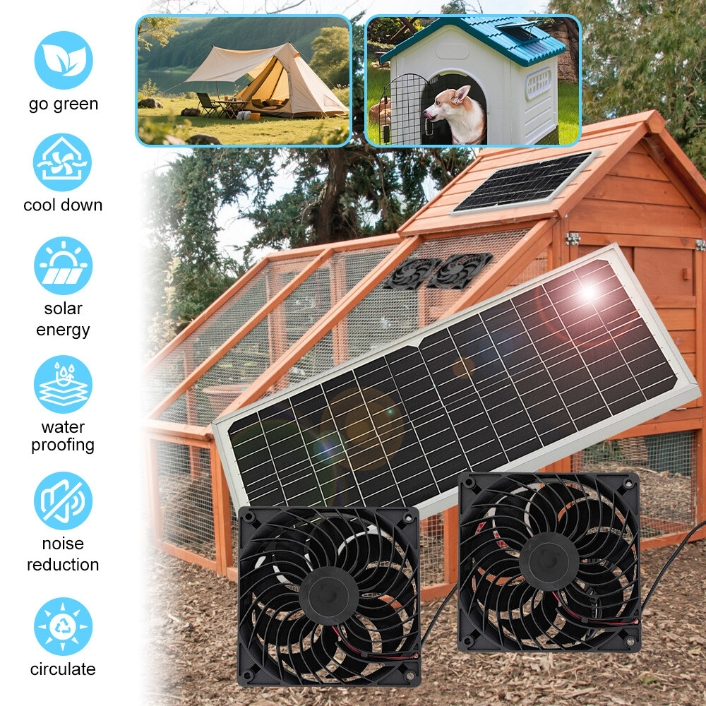 Kit de ventilador doble con energía solar de 30W para gallinero mascotas perro
