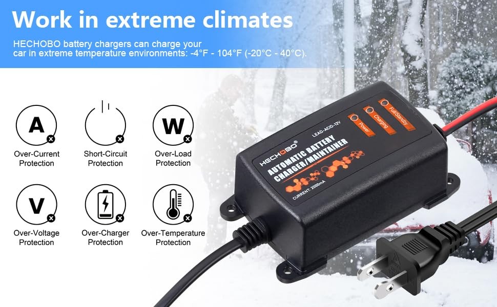 HECHOBO 12v 2A Battery Charger, Trickle Charger for Lawn Mower Battery, 4