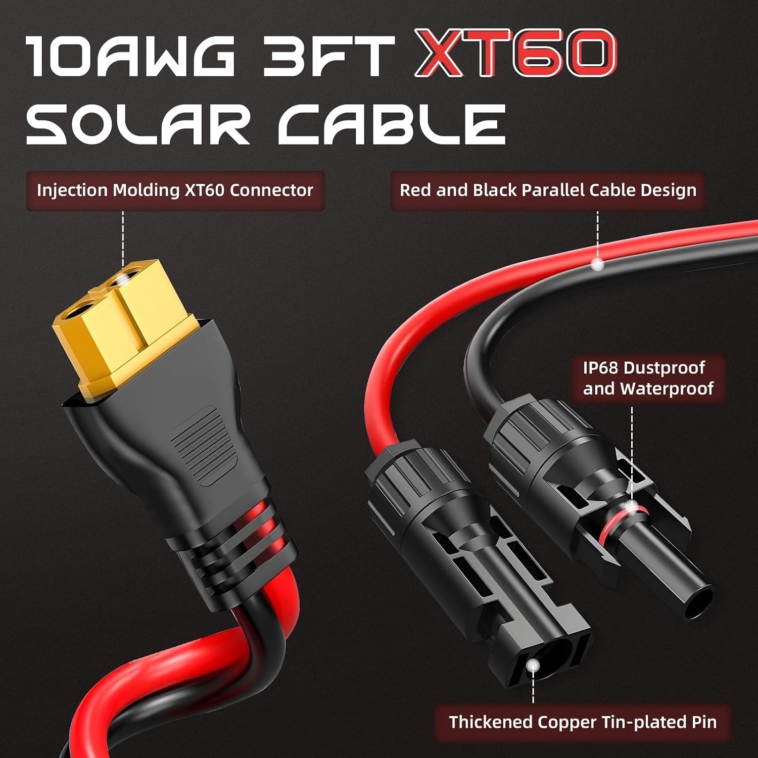 Durable 3FT 10AWG XT60 Solar Panel Extension Cable – Fast Charge & Waterproof