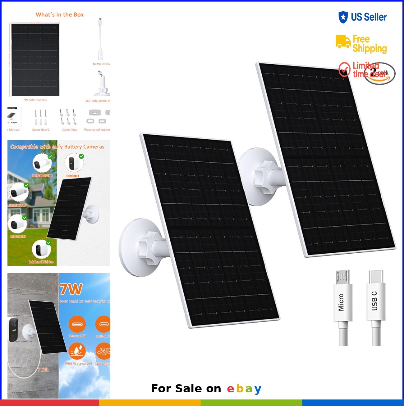 7W Solar Panel USB-C Charger IP66 Waterproof 360 Adjustable Mount 7.2ft Cable 2