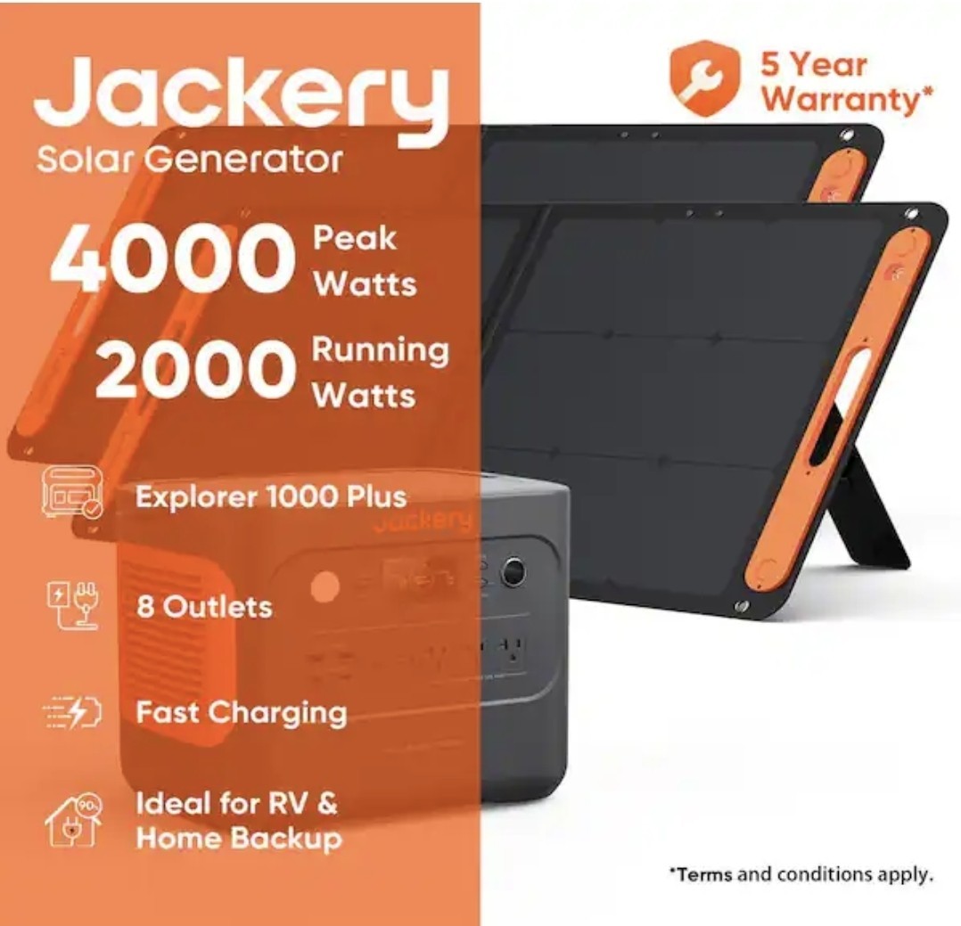 Jackery Solar Generator 1000 Plus 2000W 4000W Peak LiFePO4 w/ 2x100W Panels