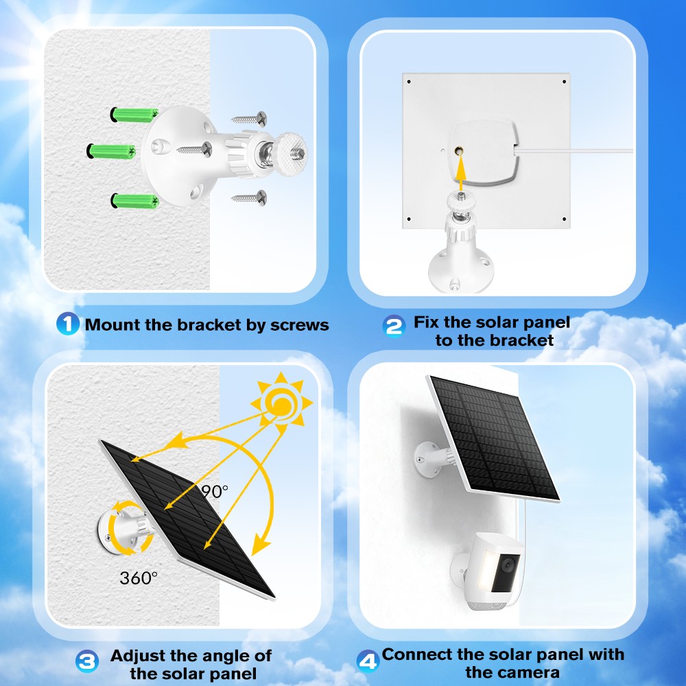 Waterproof Solar Panel Kit 5W 5V W/ Stand For Spotlight Camera Doorbell Charger