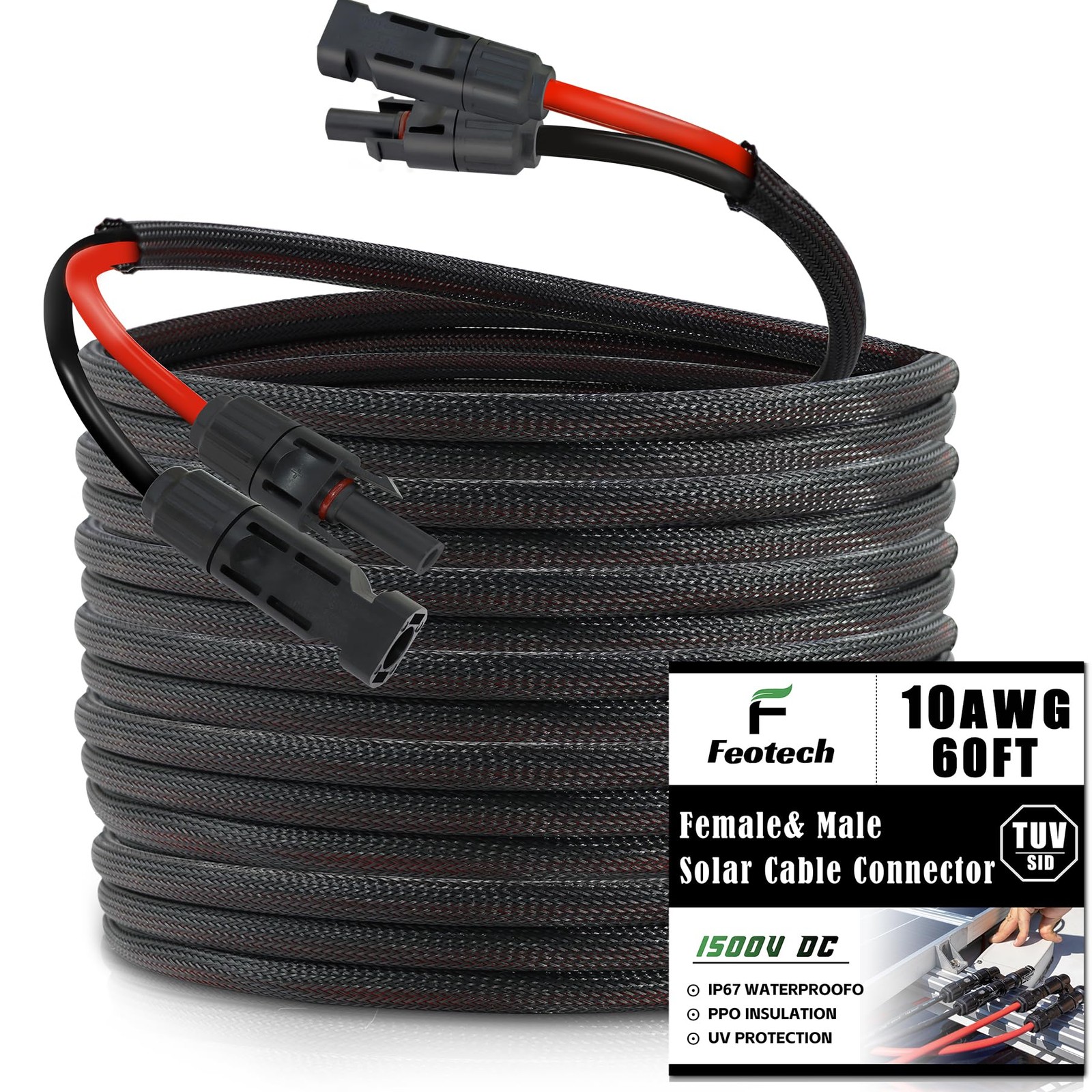 Twin Wire 60FT Solar Extension Cable – 10AWG (6mm²) Solar Panel Connector, wi…