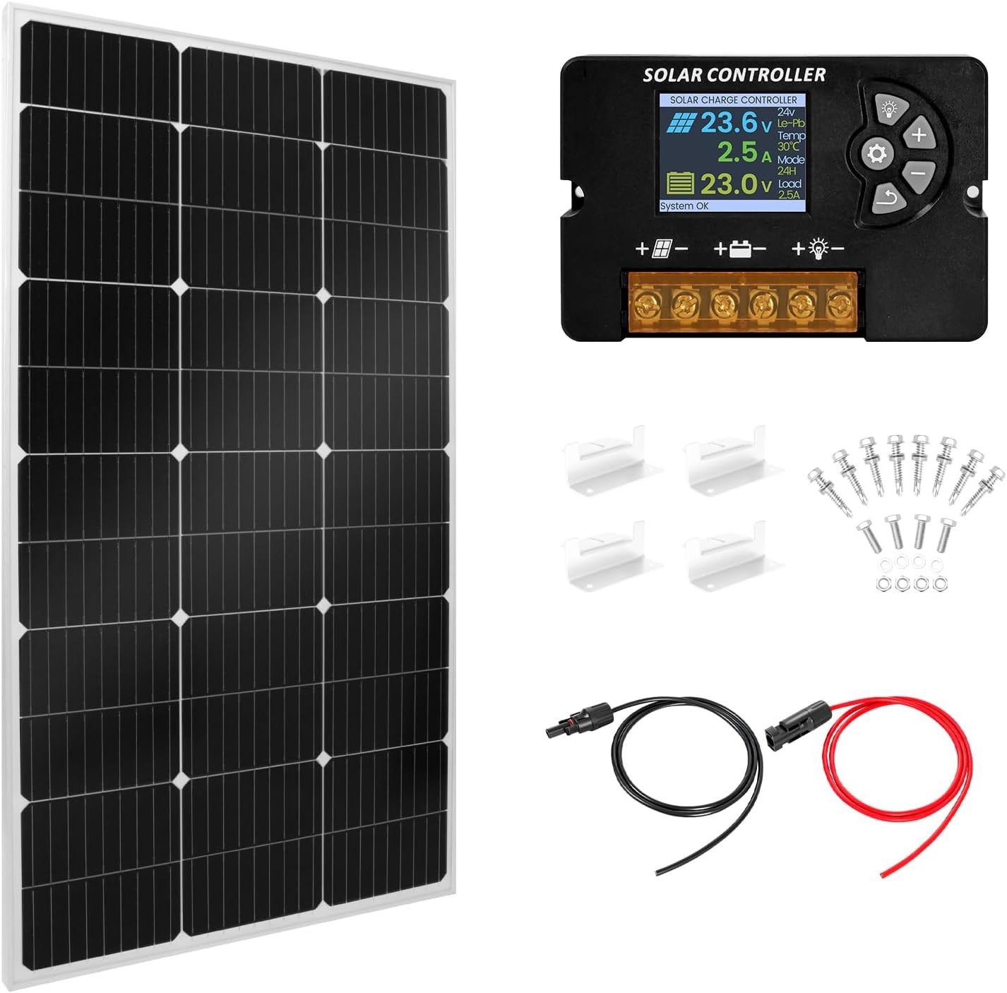 100W Monocrystalline Solar Panel Kit 30A PWM Controller 12V/24V High Efficiency