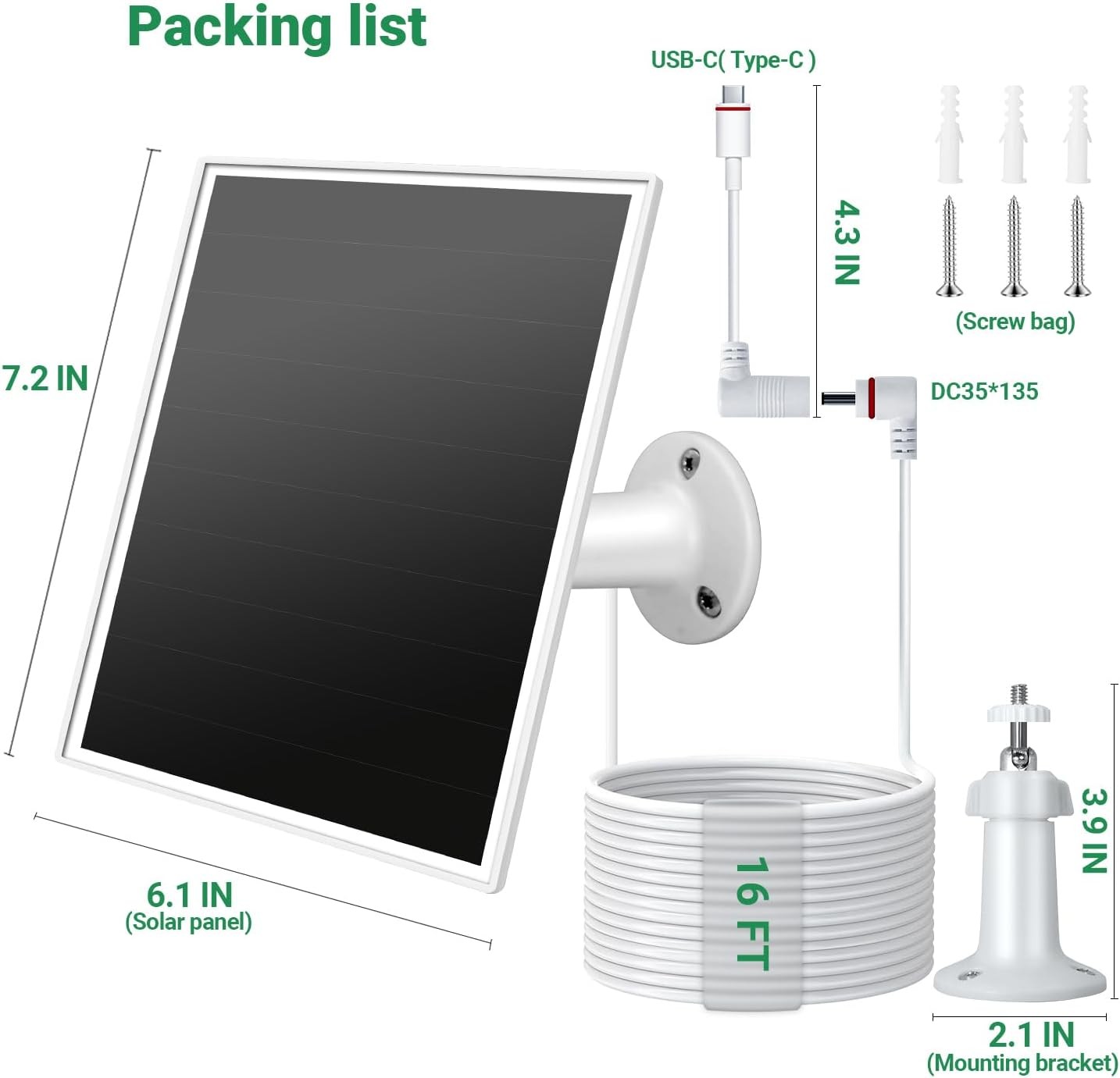 6W Solar Panel for Ring Camera with USB-C & Barrel Plug Doorbell Charger