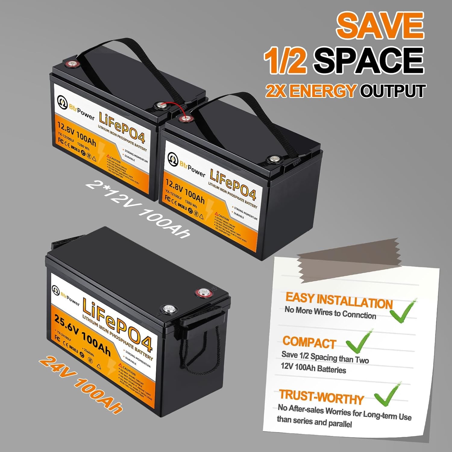 24V 100Ah LiFePO4 Lithium Battery for RV Marine Solar Panels System 100A BMS