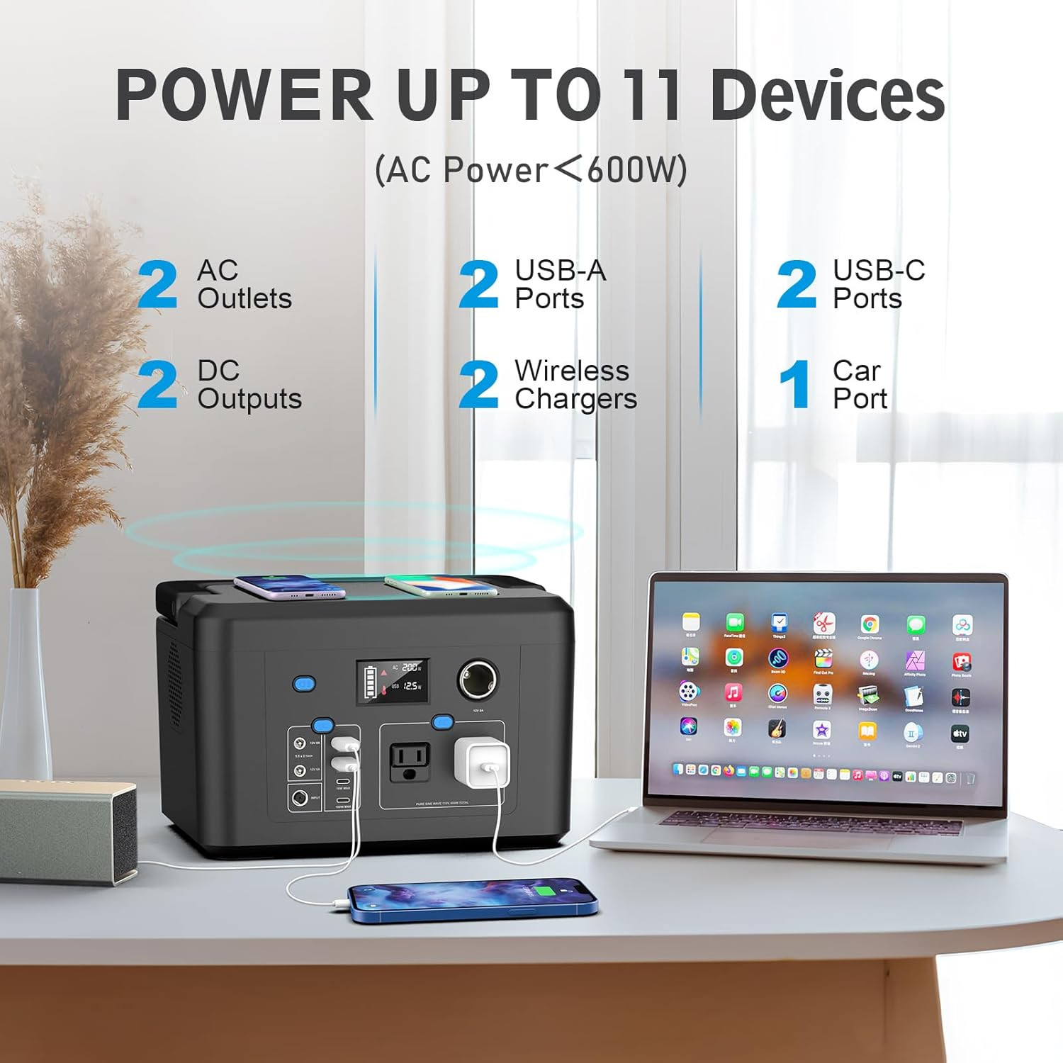 Portable Power Station 600W, 296Wh Battery Backup with 2 Pure Sine Wave AC Outl