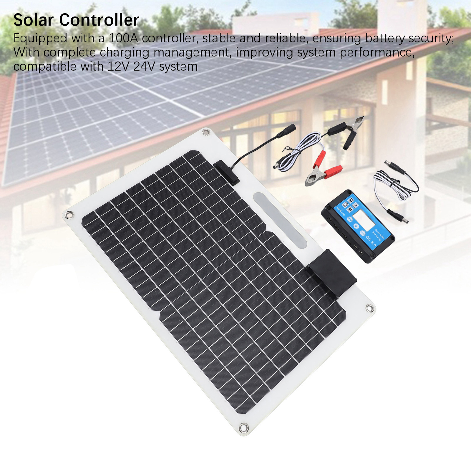 Solar Panel Battery Charger 100W Monocrystalline Silicon 12V 24V Dual USB 100
