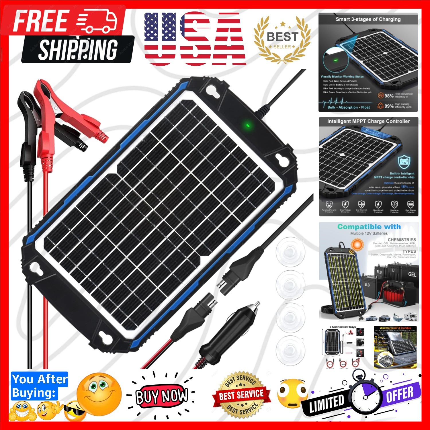 Waterproof 12W 12V Solar Battery Charger & Maintainer Pro, Built-in UltraSmar…