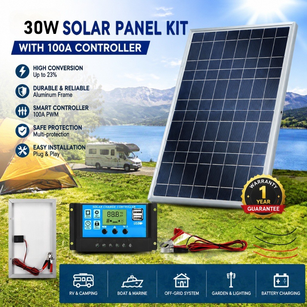 30W Solar Panel Kit 100A Charge Controller 12V Battery Charger Boat RV Marine US